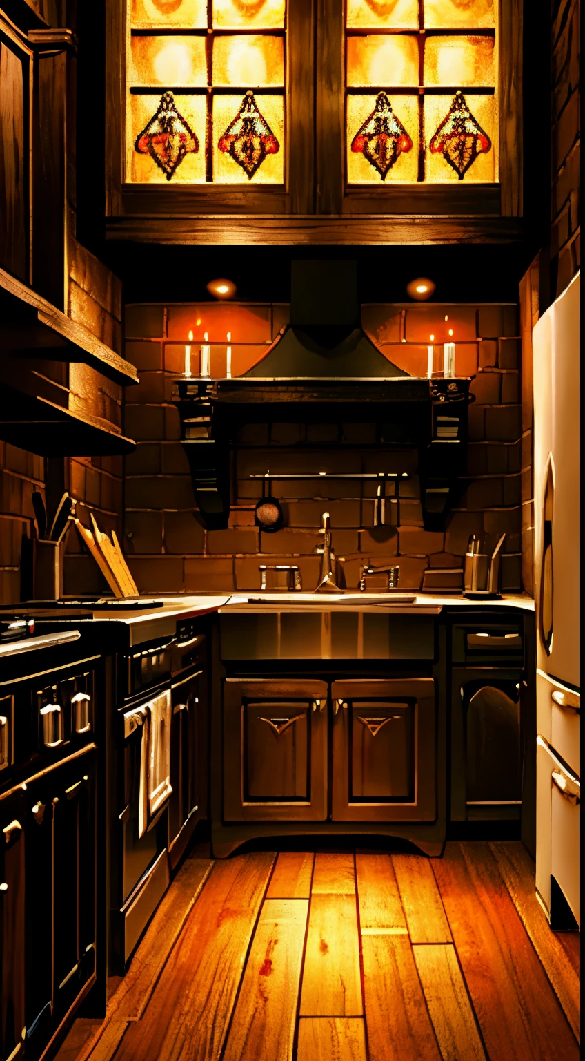 Photography, gothic, medieval, nighttime, fire lit hearth, counter space, small kitchen and dining, curtains, waxy candles, decorations, wooden floor