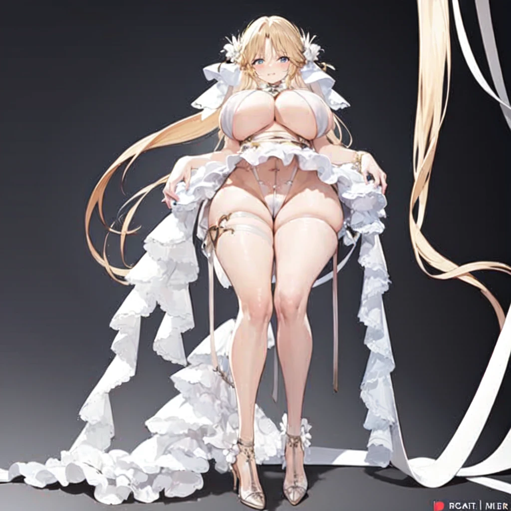 Place your hands between your legs,Huge cleavage:1.3,tmasterpiece:1.2,1 busty girl,Alone, Blonde hair, Very long hair ,wetclothes,long  skirt,Breast compressions:1.3, Full body lesbian,Eternal,looking-down