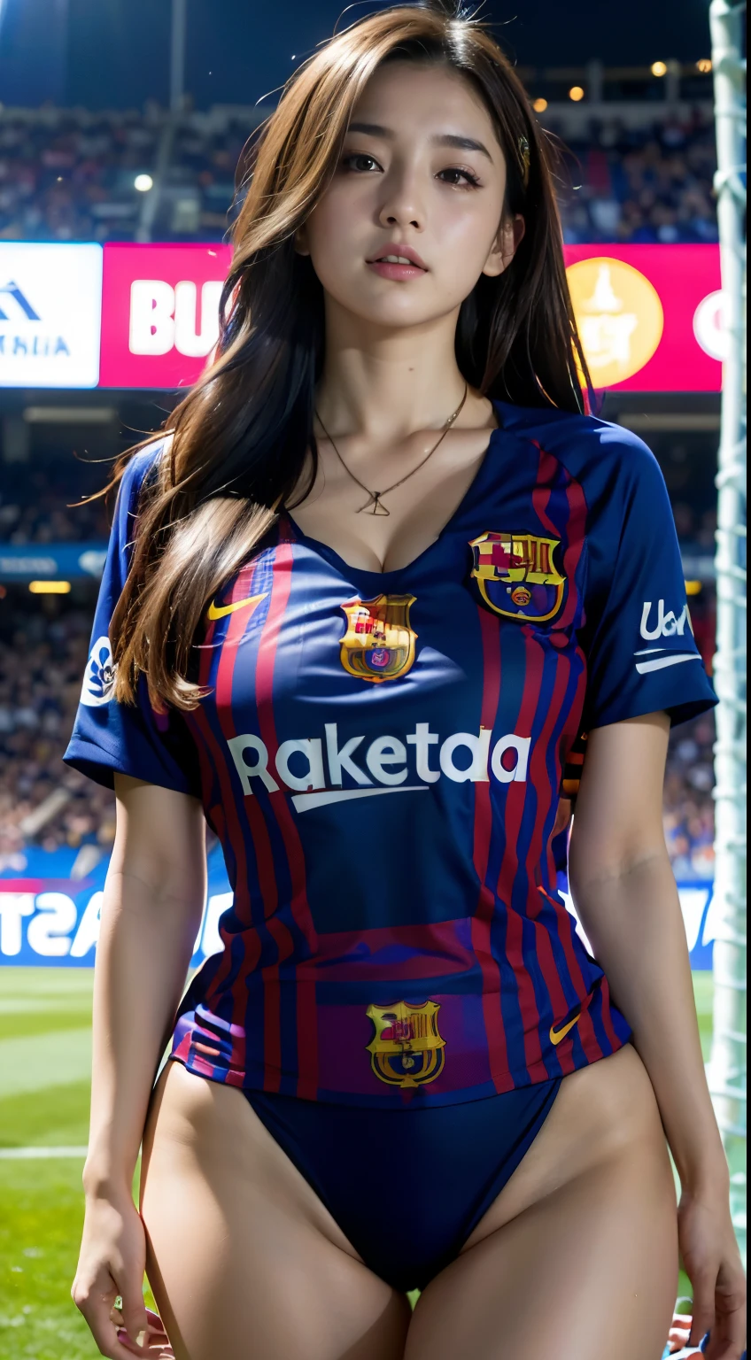 1girl, long hair, very pretty face, hairstyle, ((slutty Barcelona football jersey)), top and bikini, big breasts, big ass, (curvy), professional make-up, necklace, football stadium vacation, (cyberpunk), dynamic light , dynamic angle, (seductive poses), beautiful curves