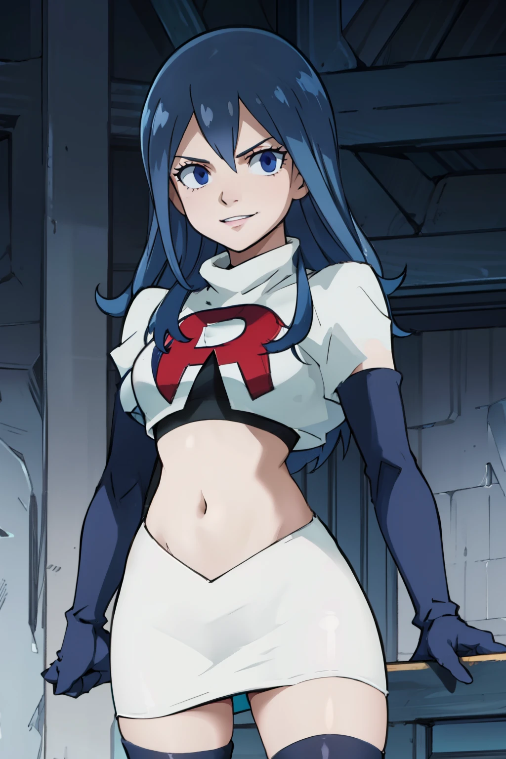 JUVIAGMG ,team rocket uniform, red letter R, white skirt,white crop top,black thigh-highs,black elbow gloves, smile, blue eyes, cowboy shot, posing