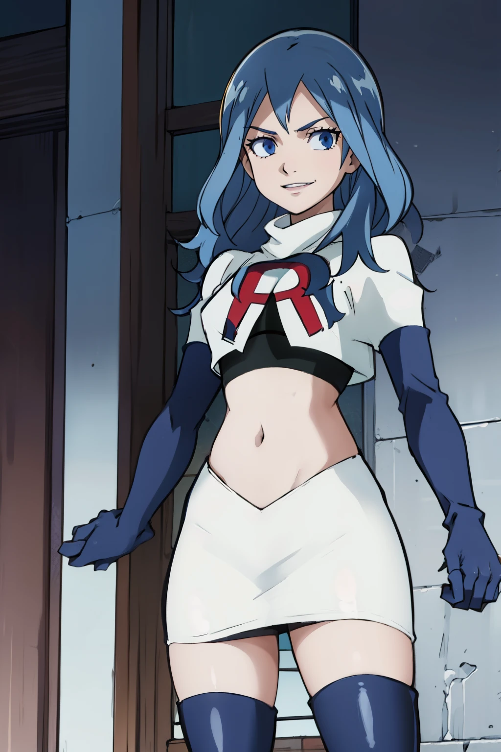 JUVIAGMG ,team rocket uniform, red letter R, white skirt,white crop top,black thigh-highs,black elbow gloves, smile, blue eyes, cowboy shot, posing