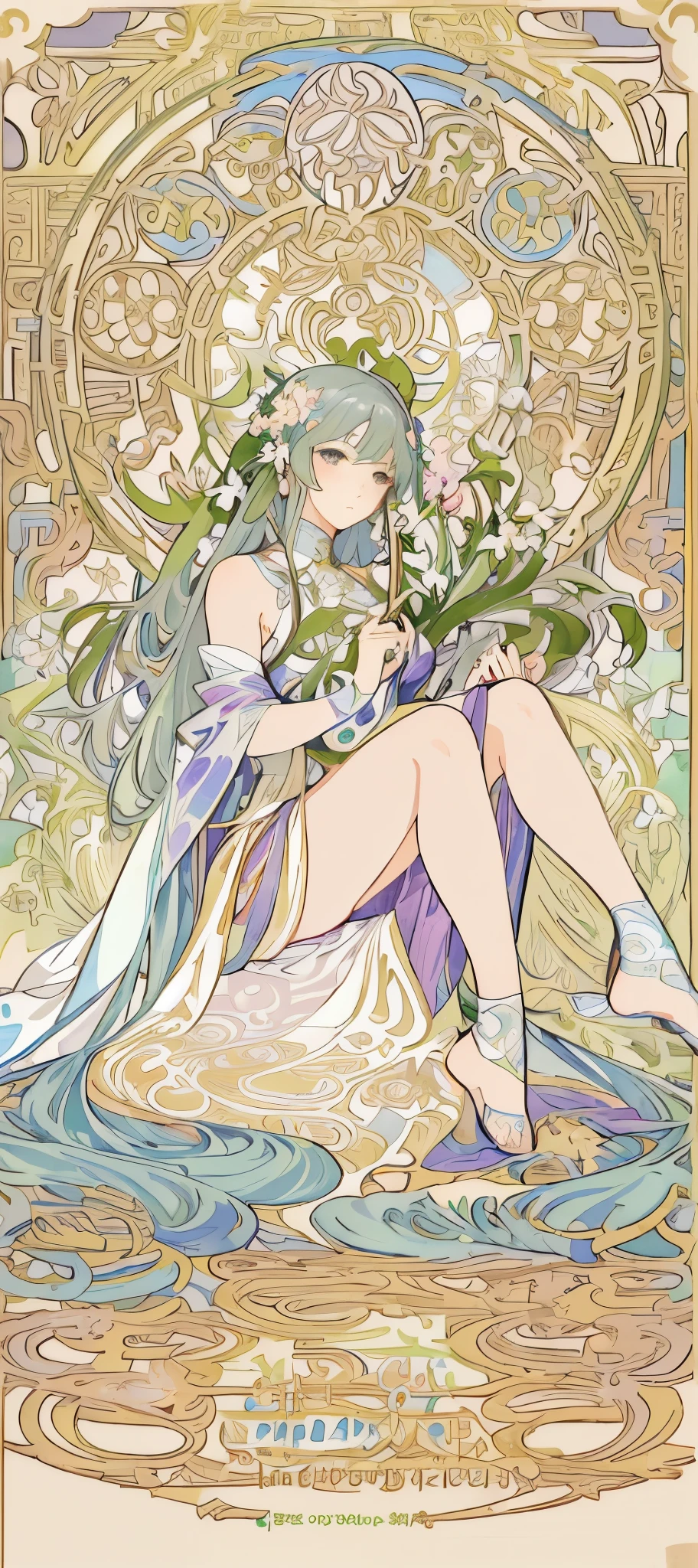 a painting of a woman sitting on a chair with flowers, anime art nouveau, alphonse mucha and rossdraws, alphonse mucha style, korean art nouveau anime, flat shading mucha, in style of alphonse mucha, demura and alphonse mucha, anime art nouveau cosmic display, inspired by Alfonse Mucha, mucha style, flat cel shading mucha