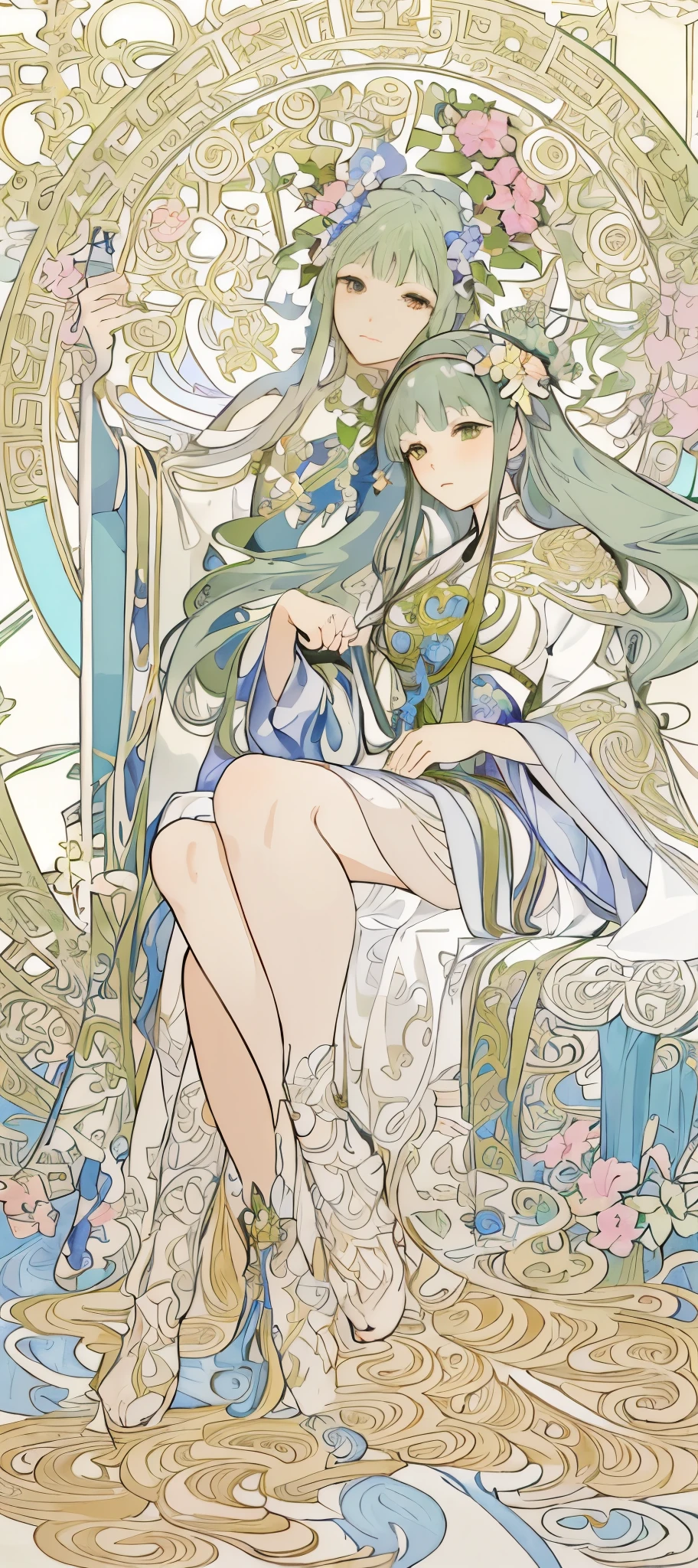 a painting of a woman sitting on a chair with flowers, anime art nouveau, alphonse mucha and rossdraws, alphonse mucha style, korean art nouveau anime, flat shading mucha, in style of alphonse mucha, demura and alphonse mucha, anime art nouveau cosmic display, inspired by Alfonse Mucha, mucha style, flat cel shading mucha