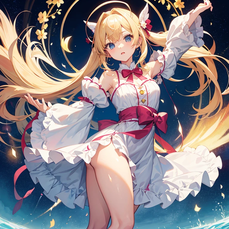 [(White background:1.5),::5] (isometry:1.0), Doubleexposure, Bubble, Medium Shot Shot, full bodyesbian, // Masterpiece, Best quality, 1girll, (Colorful),(finely detailed beautiful eyes and detailed face),Cinematic lighting,Bust Up Shot,Extremely detailed Cg Unity 8K wallpaper, 1girll, Yellow eyes, mahiru shiina, Yellow hair,(Very long hair),Very long hair (floating in the wind), posterior view, Looking back, hair adornments, flower hair ornaments. head band, ribbon, White dress, visible shoulders, walking on pond, water Reflections, pond, （Huge bare breasts）, aurora sky, Night sky, Milkyway Sky, horizon, Mountains, forest, Moon，Perfectly proportioned hands