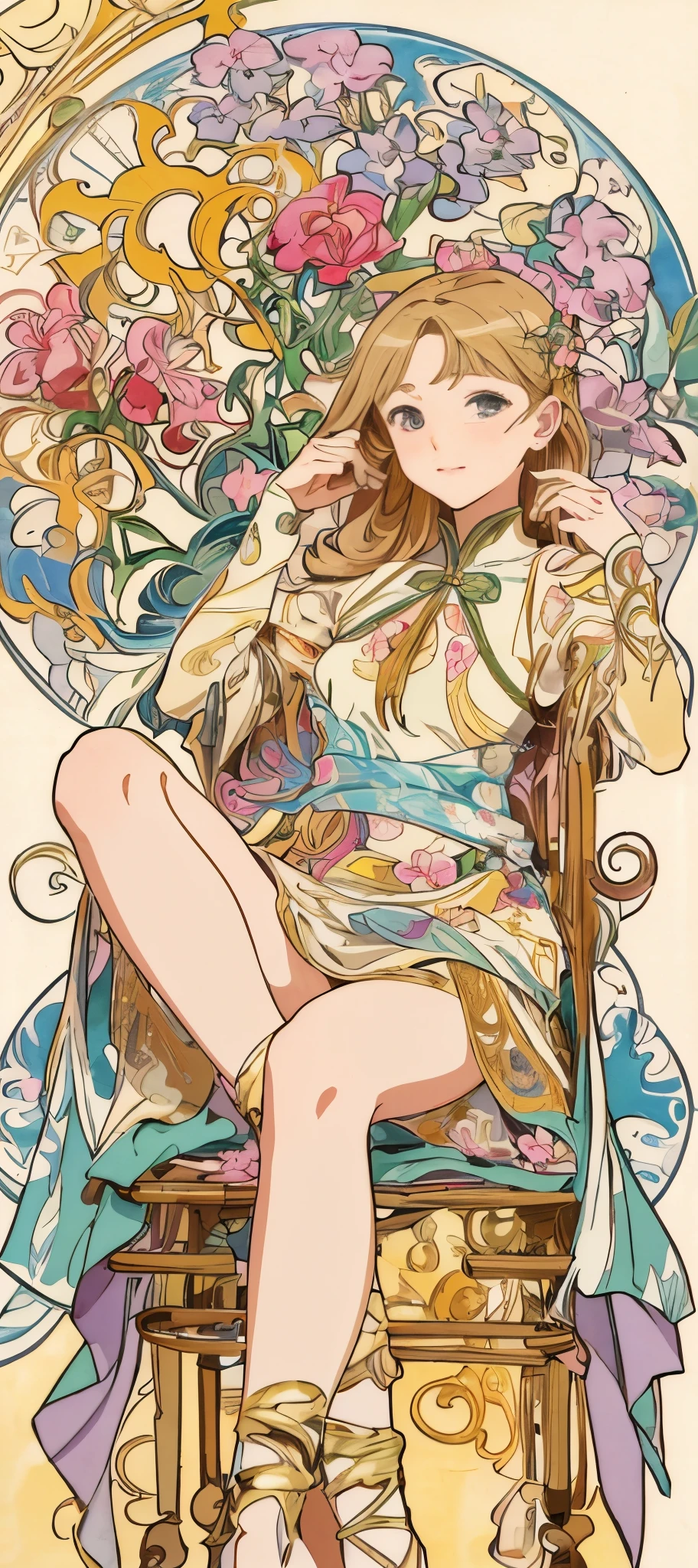 a painting of a woman sitting on a chair with flowers, anime art nouveau, alphonse mucha and rossdraws, alphonse mucha style, korean art nouveau anime, flat shading mucha, in style of alphonse mucha, demura and alphonse mucha, anime art nouveau cosmic display, inspired by Alfonse Mucha, mucha style, flat cel shading mucha