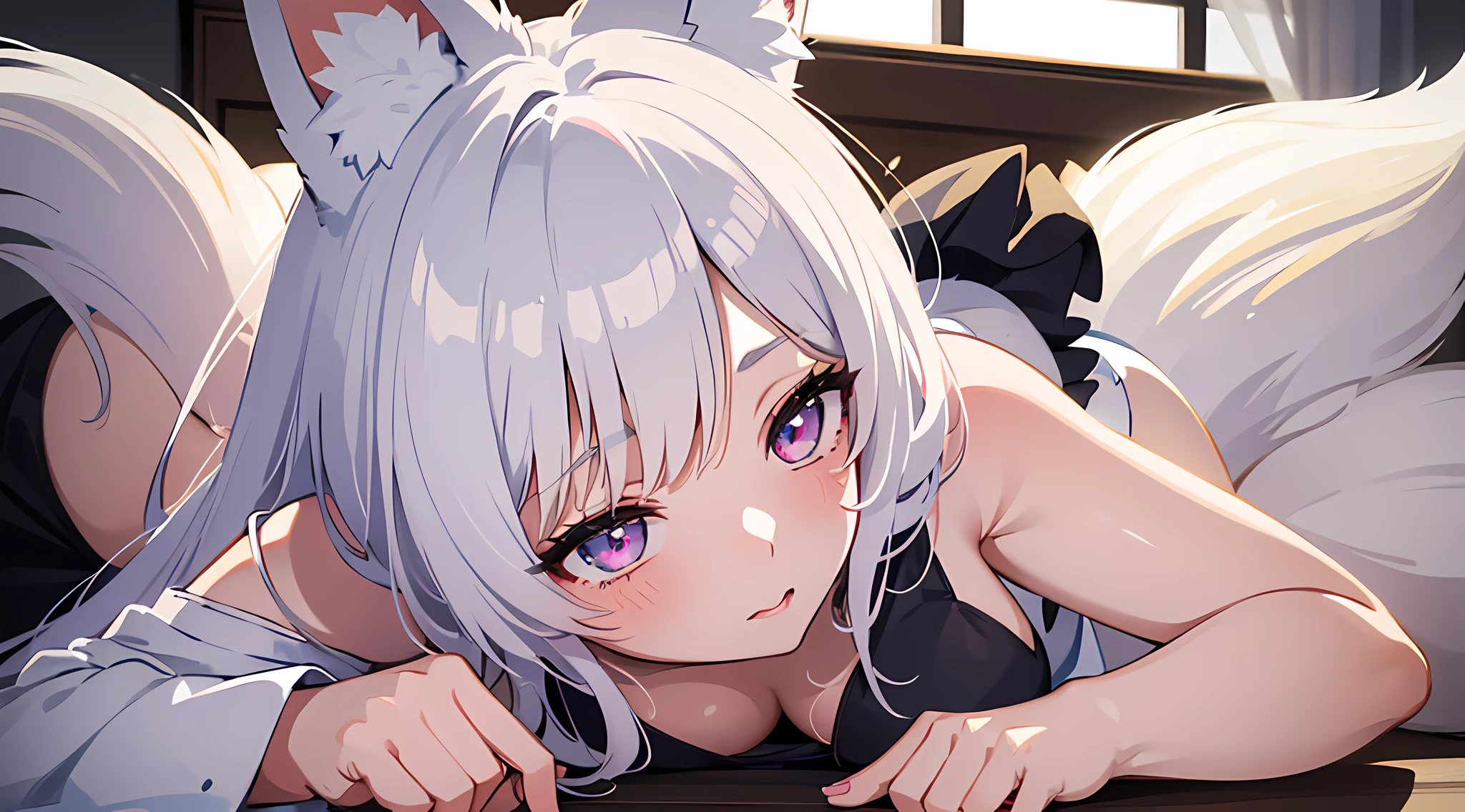 (1 girl with fox ears and fox tail) a close up waifu doing a paw pose on living room, big breast, white dress, short skirt, white hair, (full body:0.6), blushed face, gothic style, pixiv contest winner, best anime artstyle, extremely detailed eyes, beautiful eyes finely detailed, face to detail, onee-san vibes, 4k illustration