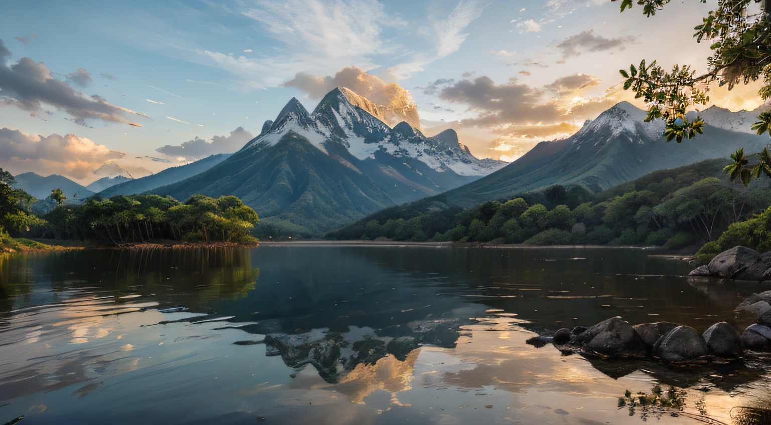 RAW Photo of Mt. masterpiece), the majestic Mount Indonesian, Mount Indonesian reflected on the surface of the lake, beautiful trees, overlapping morning sunlight,