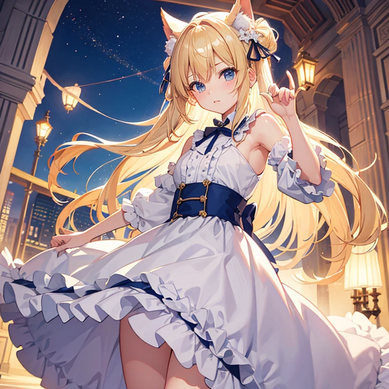 a blond、Skip、girl with、From head to toe、animesque、Start running、Angle from below、ta、Fluffy clothes、kawaii、The character is facing forward.、arch your waist back、rightward、1人