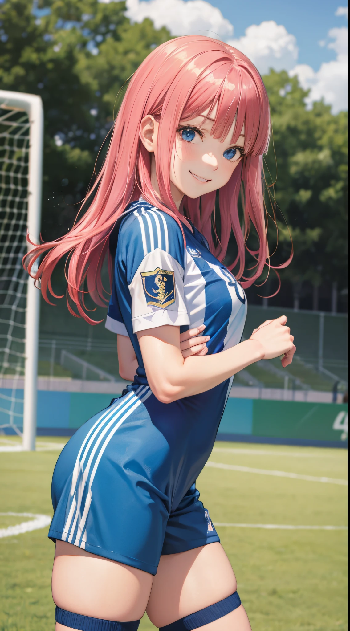 Nino Nakano riendo,manos detalladas,Pose sexy,soccer uniform,campo