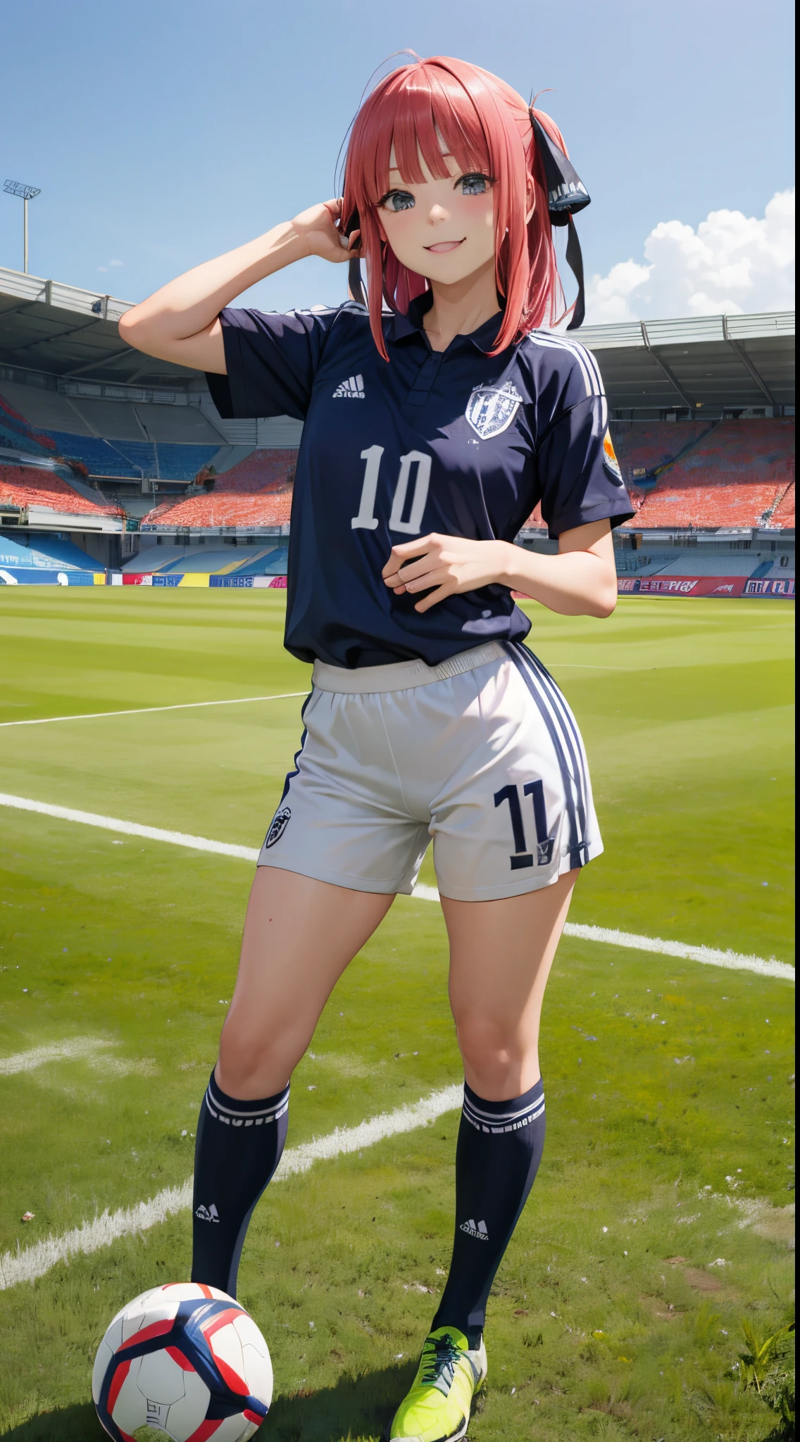 cute european girl, ((best quality, masterpiece, super high resolution)), (realistic: 1.4), highly detailed, professional lighting, smile, playing football, in stadium, dark blonde hair, short wolf cut, cute blue eyes and charming pink lips, wearing tight football shirt, football shorts, futsal boots, rushing to football, standard round football, snowy atmosphere, super realistic and cinematic, super detailed resolution image, 8k graphics, large stadium, full body, super close view