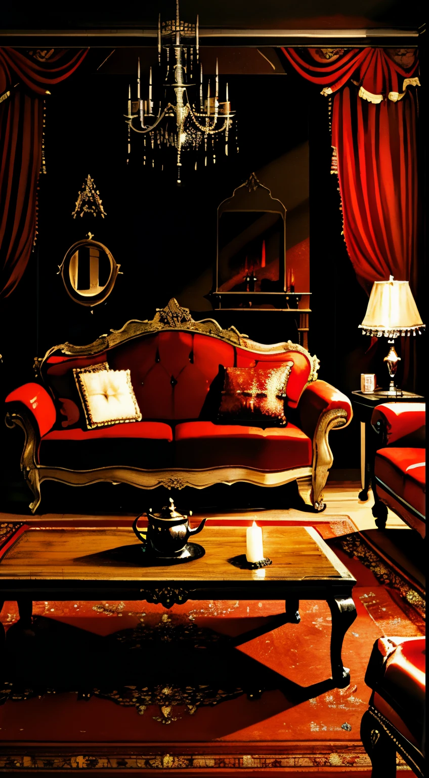 Photography, red sofa, dark wooden tea table, (Gothic living room, Gothic), Dim light, Dark wallpaper, curtains, waxy candles, Satan painting, decorations, wooden floor, dark night