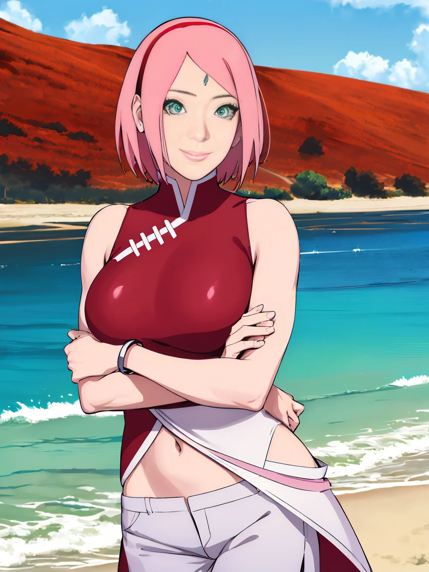 Obra maestra， La mejor calidad en el mejor de los casos， Sakura Haruno， senos grandes，is shy，They are smiling，con cabello rosado， Pelo largo blanquecino， （Globos oculares verdes:1.4),, Mirando al espectador, Hermosos ojos, sexy seductive They are smiling, belleza sensual, diosa, Marca de la frente,desnudo, Nipple detail,perfect nipple