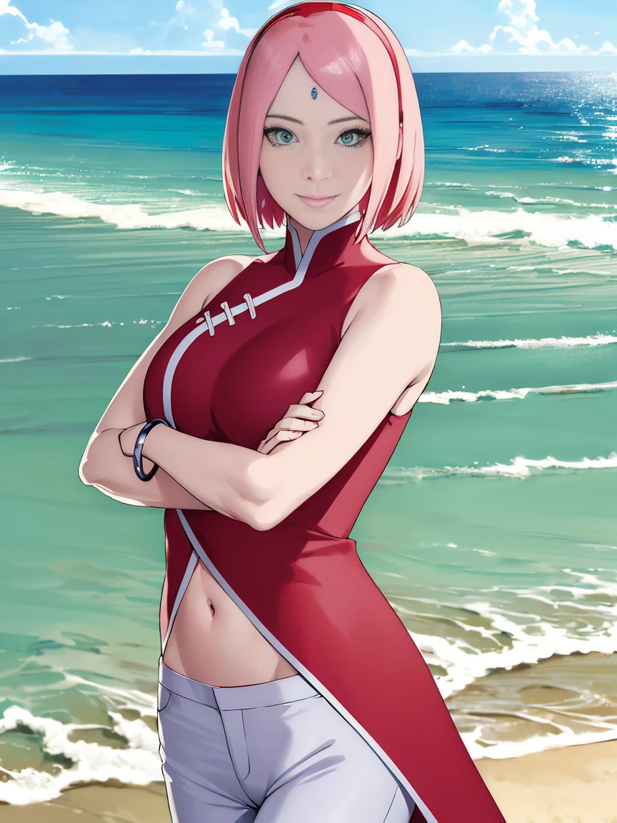 masterpiece, absurdres , (intricate details), (colorful),cinematic lighting,bust shot,extremely detailed CG unity 8k wallpaper,1girl, haruno sakura,forehead mark, red hairband,swimsuit,pose, hand on hip,  cleavage, navel,  looking at viewer,  medium breasts, beach, sand, palm tree, ocean,