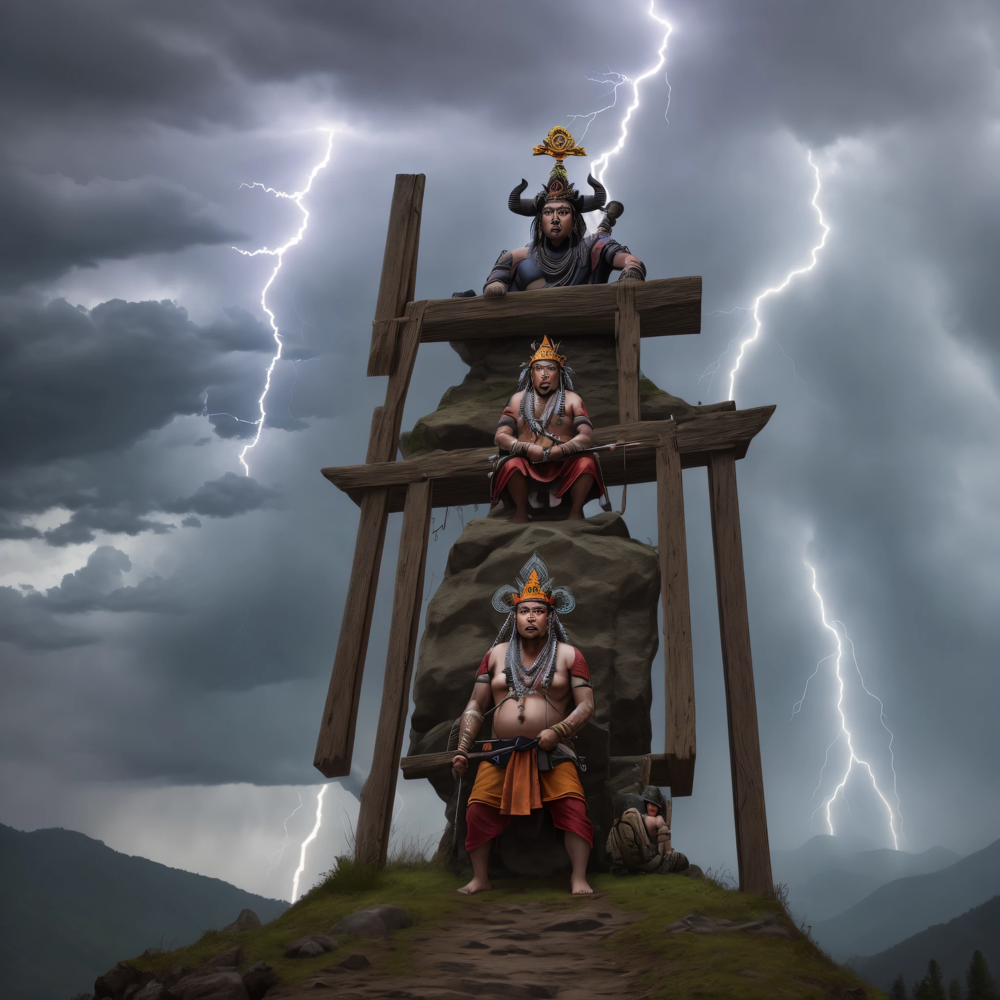 Army of Naga Sadhus with sacred marking of Lord Shiva on their bodies. They are holding Trishuls. The army stands on top of a raised mountain like platform and the sky is dark and stormy. There is a large jolt of lightning in the sky which lights up the sheer size of the army providing dramatic lighting. The Naga Sadhus have serious looks on their faces as they wield the Trishuls ready to fight.