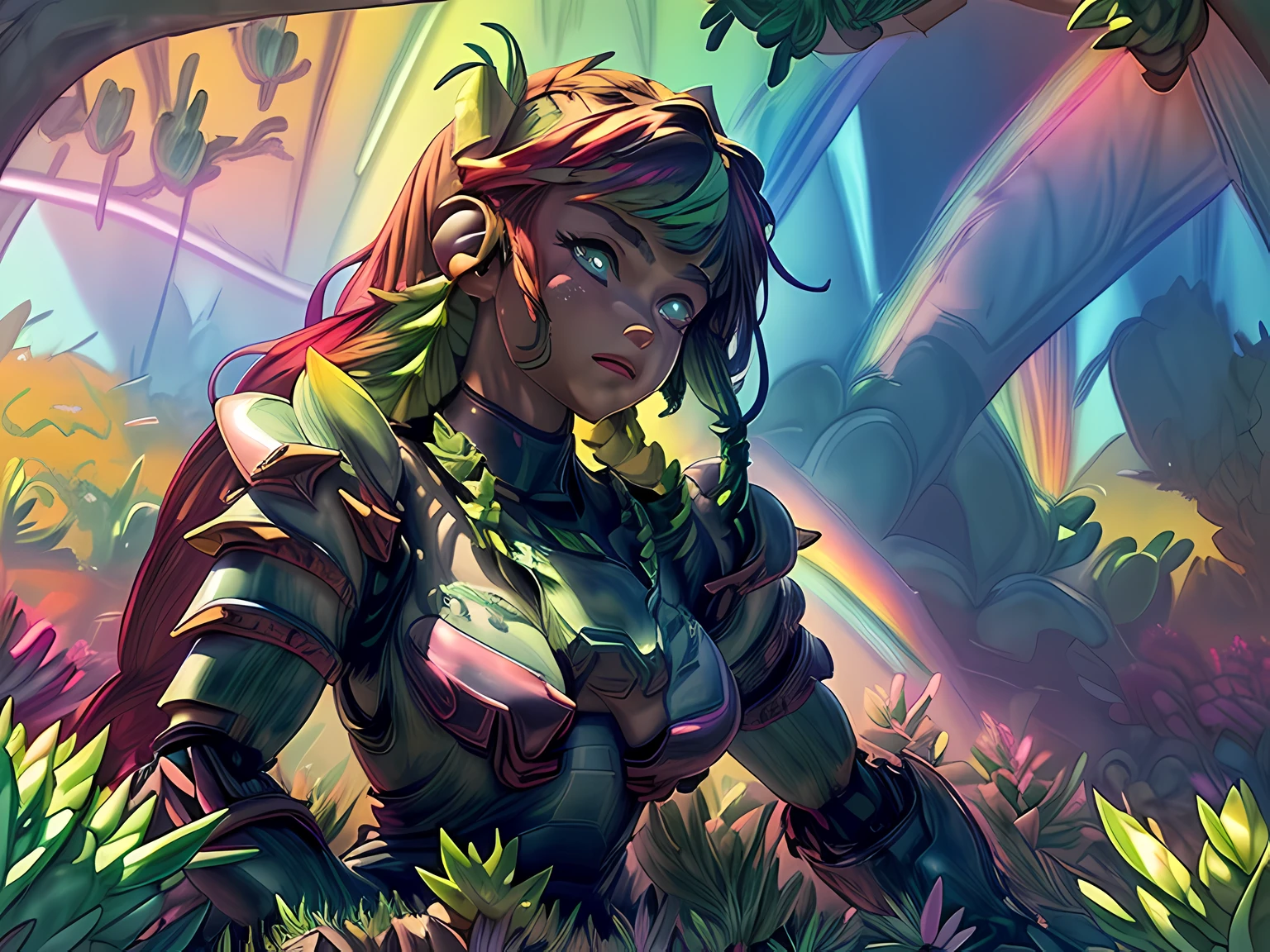 a picture of a mecha woman resting in a rainbow colored succulents meadow, full body, an exquisite beautiful (ultra detailed, Masterpiece, best quality: 1.4) female mecha woman, dynamic angle (best detailed, Masterpiece, best quality), best detailed face (best detailed, Masterpiece, best quality: 1.5), ultra feminine (best detailed, Masterpiece, best quality), red hair, long hair, braided hair, dynamic eyes color, (wearing mecha armor: 1.4), resting in (rainbow colored succulents meadow: 1.6), full colored, (perfect spectrum: 1.3),( vibrant work: 1.4) vibrant shades of red, orange, yellow, green, blue, indigo, violet  day light, sun rising,  high details, fantasy art, RPG art best quality, 16k, [ultra detailed], masterpiece, best quality, (ultra detailed), full body, ultra wide shot, photorealistic, mecha musume