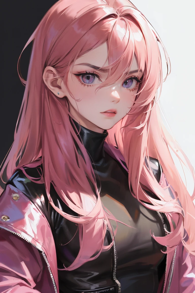 (highest resolution, distinct_image) beste-Qualit, A woman's masterpiece, A highly detailed, semi-realistic (most of the body), pink long hair, quiff, 18 years, Young, black tight, pinkish purple flight suit, shirt with collar, sharp face (brown eye, Hair between the eyes), fluorescent long coat (Broken glass), (Simple White Background), Cold, Serious, Authoritative, Powerful (Painting standing), (Exquisite facial features, Exquisite facial features)