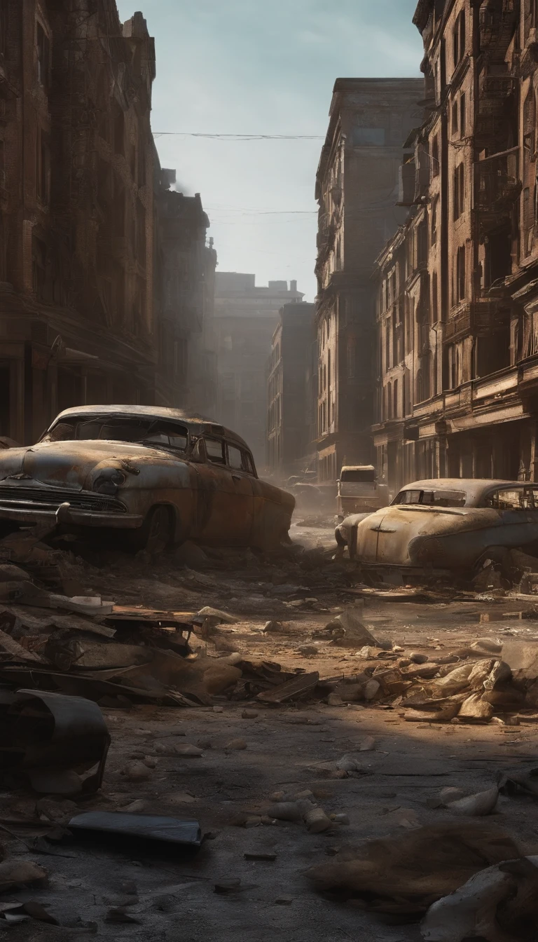 Post-apocalyptic cities, empty, Sam, zombi, smokes, disrupt, aging buildings, rubble, daysies, Destroyed cars, Crashed car, Abandoned buildings, zombi