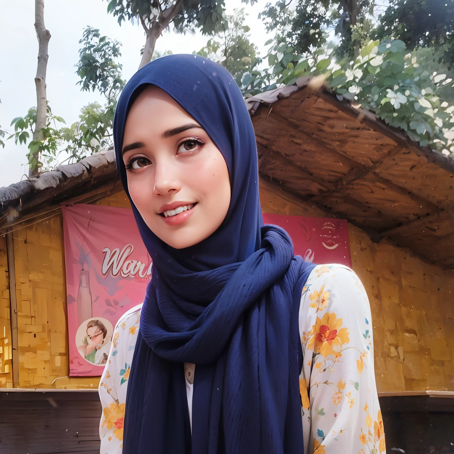 there is a woman wearing a blue scarf and a white shirt, faridah malik, hijab, inspired by Nazmi Ziya Güran, handsome girl, inspired by Sarper Baran, with a beautifull smile, with kind face, inspired by Shaddy Safadi, inspired by Naza, during sunset, in front of a forest background