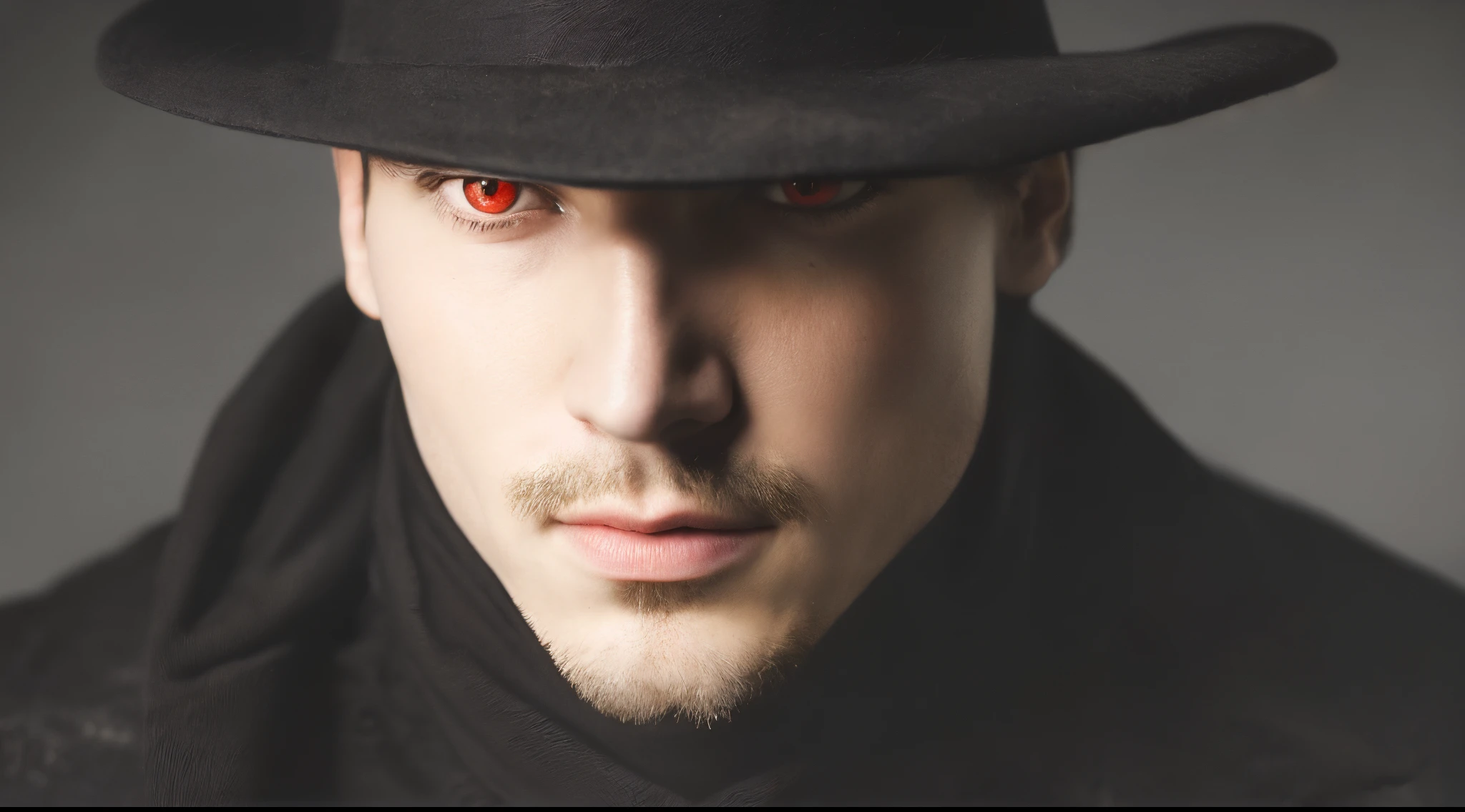 man with black hat with red eyes in black clothes