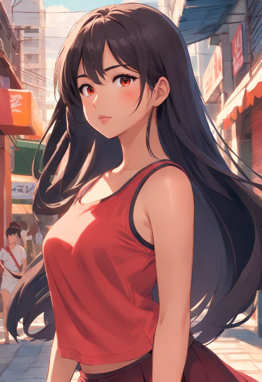 Voluptuous, curvy Mexican woman with long black hair and messy bangs, brown skin, brown eyes, full red lips. Wearing a red tank top, and a black skirt. Heavier and curvy woman. Heavy large breasts, nipple outline, curvy and large hips and butt. Blushing sadistically. Half-opened eyes, smug smile, blushing.