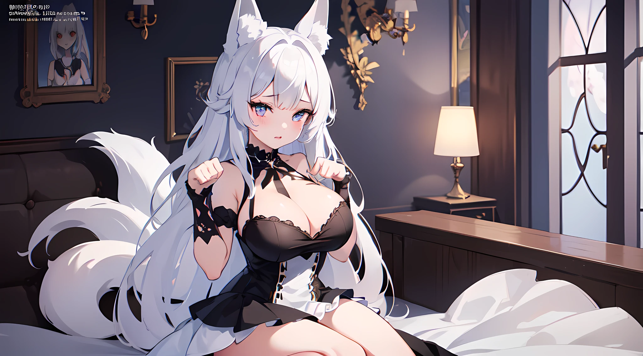 (1 girl with fox ears and fox tail) a close up waifu doing a paw pose on living room, big breast, white dress, short skirt, white hair, (full body:0.6), blushed face, gothic style, pixiv contest winner, best anime artstyle, extremely detailed eyes, beautiful eyes finely detailed, face to detail, onee-san vibes, 4k illustration
