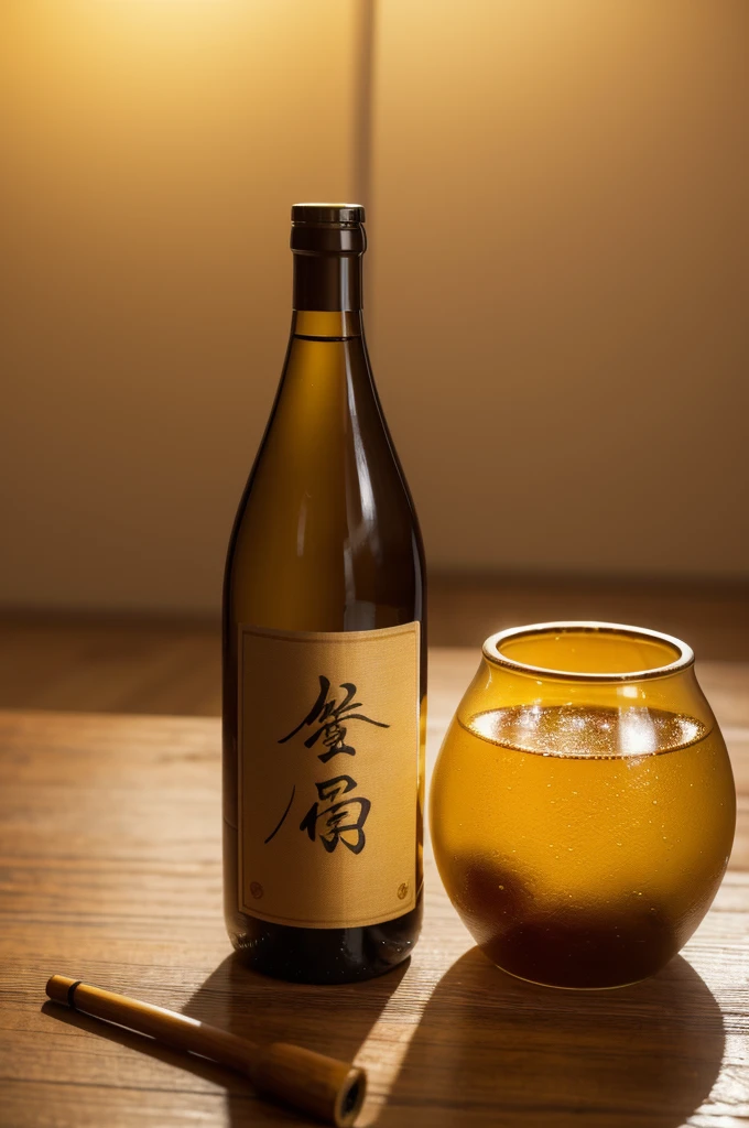 (best quality,4k,8k,highres,masterpiece:1.2),ultra-detailed,(realistic,photorealistic,photo-realistic:1.37),vivid colors,studio lighting A Shaoxing yellow wine bottle showcasing the essence of Shaoxing culture, with a touch of traditional Wang Xizhi calligraphy and verses about yellow wine, featuring elegant and intricate patterns on the bottle. The bottle should prominently display the words "Shaoxing Yellow Wine" in a visually appealing manner.