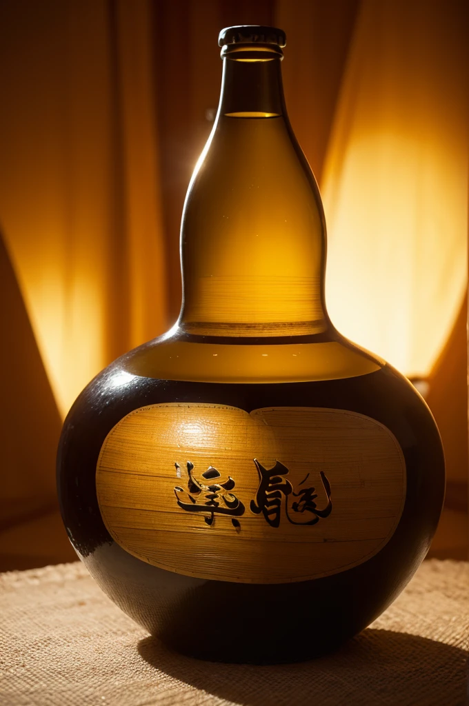 (best quality,4k,8k,highres,masterpiece:1.2),ultra-detailed,(realistic,photorealistic,photo-realistic:1.37),vivid colors,studio lighting A Shaoxing yellow wine bottle showcasing the essence of Shaoxing culture, with a touch of traditional Wang Xizhi calligraphy and verses about yellow wine, featuring elegant and intricate patterns on the bottle. The bottle should prominently display the words "Shaoxing Yellow Wine" in a visually appealing manner.