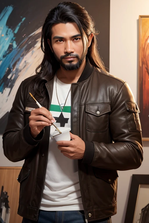 Medium Long Shot, looking atviewer, a handsome artist painter Malay man 30 years old wearing unic black brown lather jacket with palestinian flag design, long hair, in action make a paiting, bokeh soft single lighting in the background, paintings art studio,8k, RAW photo, best quality, depth of field, ultra high res:1. 2$, $absurdres, intricate, photorealistic, masterpiece, ultra-detailed:1. 3$