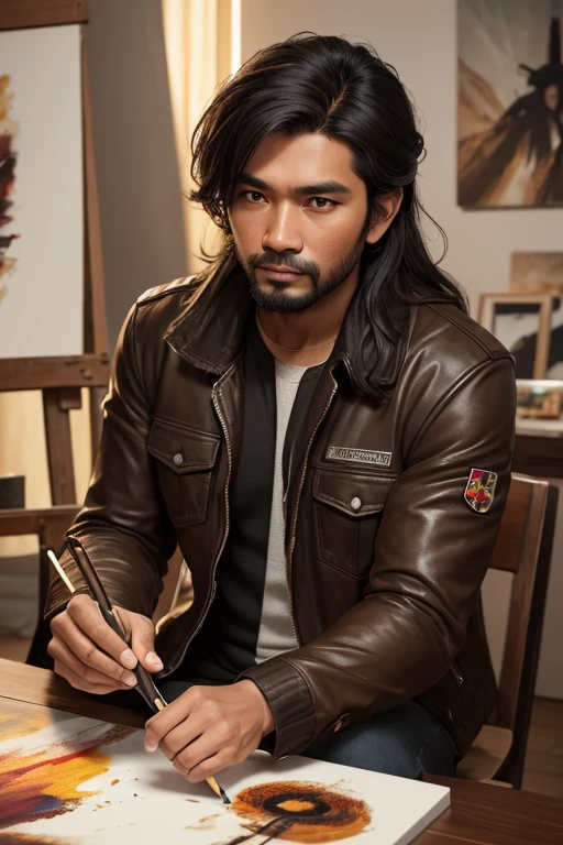 Medium Long Shot, looking atviewer, a handsome artist painter Malay man 30 years old wearing unic black brown lather jacket with palestinian flag design, long hair, in action make a paiting, bokeh soft single lighting in the background, paintings art studio,8k, RAW photo, best quality, depth of field, ultra high res:1. 2$, $absurdres, intricate, photorealistic, masterpiece, ultra-detailed:1. 3$