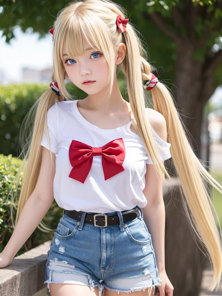 1 girl angry look、blonde、long bangs between the eyes,、Super long bright blonde straight hair、twintails, red bows in hair、Very cute beautiful sexy young little woman、Very perfect beautiful cute face、Glowing big bright light blue eyes、15yo student、Beautiful white shiny skin, White tshirt, bare_shoulders, busty, blue jeans shorts, belt red, striped thighhighs