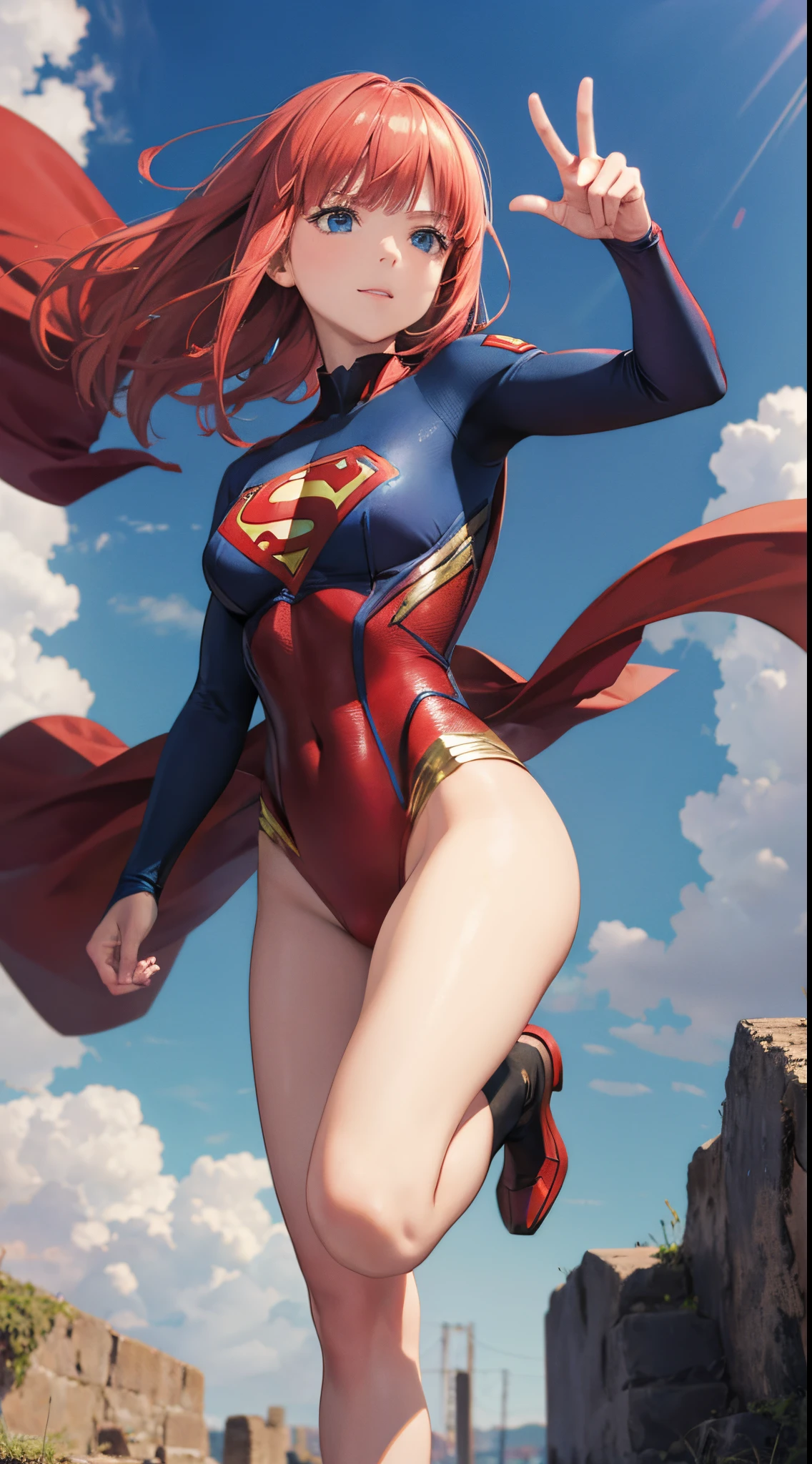 Nino Nakano feliz,manos detalladas,super hero pose,traje superman,zona de guerra