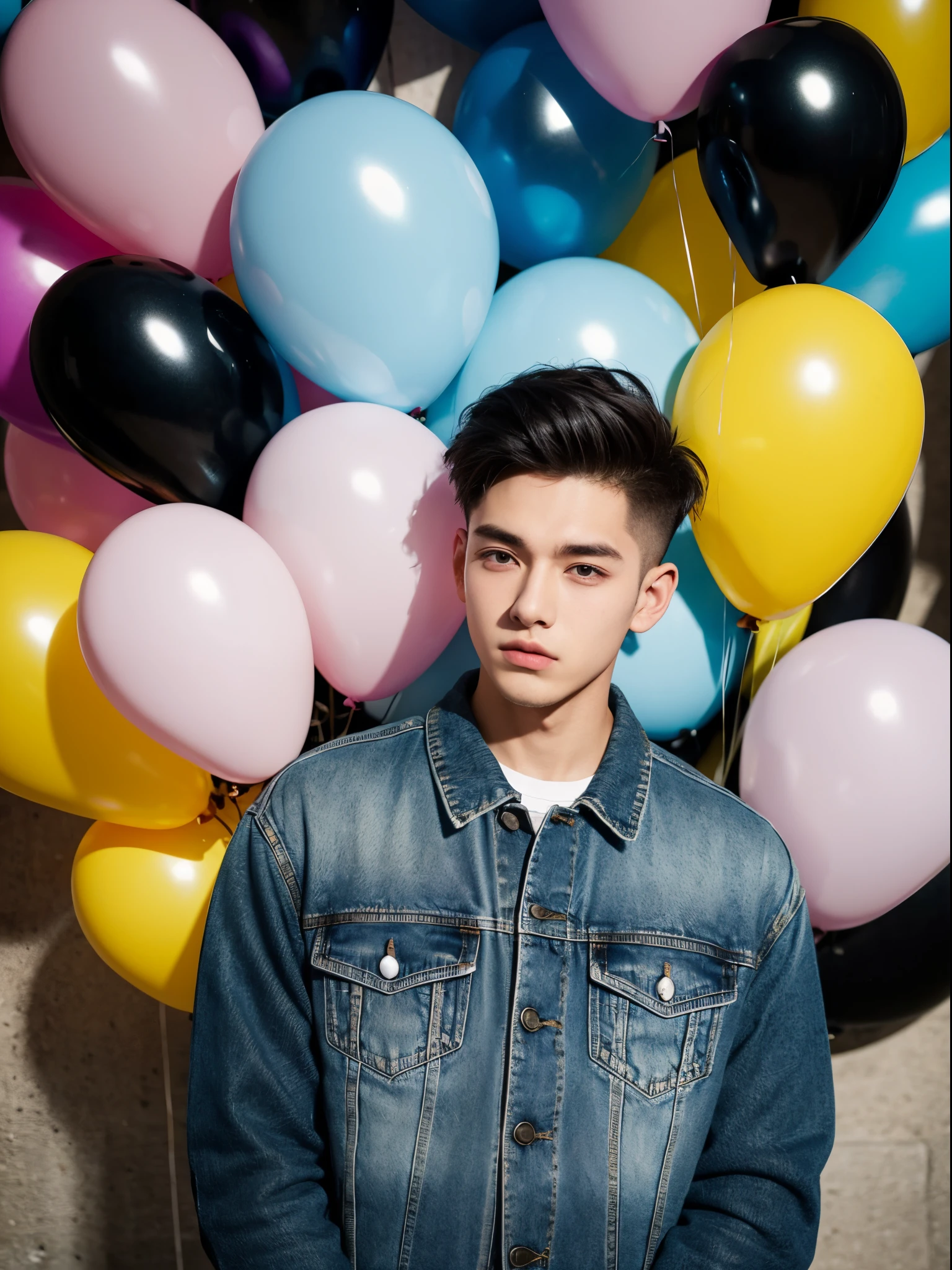 young teen boy shirtless in speedos sitting on big balloons, slim body, purple balloons