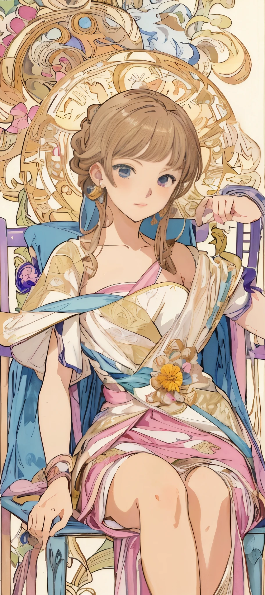 a painting of a woman sitting on a chair with flowers, anime art nouveau, alphonse mucha and rossdraws, alphonse mucha style, korean art nouveau anime, flat shading mucha, in style of alphonse mucha, demura and alphonse mucha, anime art nouveau cosmic display, inspired by Alfonse Mucha, mucha style, flat cel shading mucha
