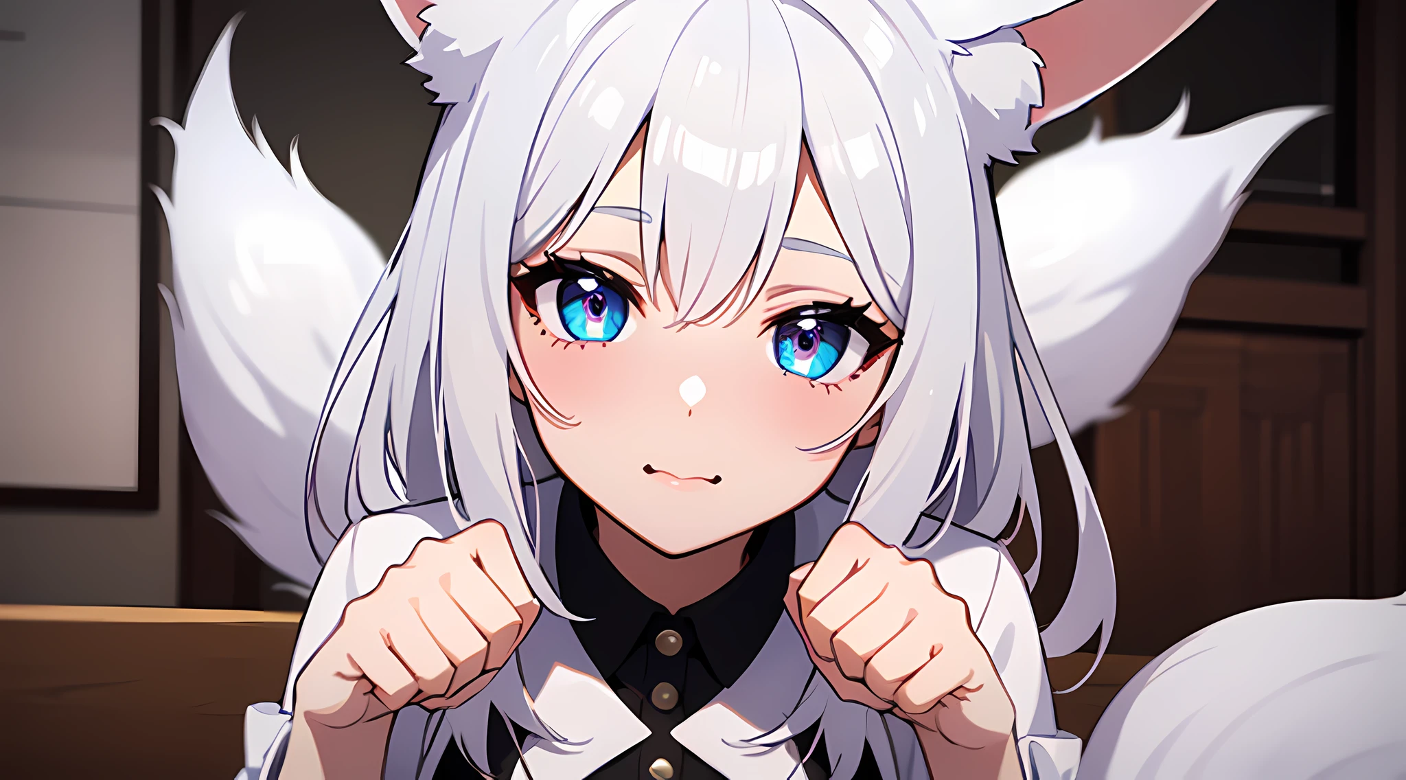 (1 girl with fox ears and fox tail) a close up waifu doing a paw pose on living room, big breast, white dress, short skirt, white hair, (full body:0.6), blushed face, gothic style, pixiv contest winner, best anime artstyle, extremely detailed eyes, beautiful eyes finely detailed, face to detail, onee-san vibes, 4k illustration