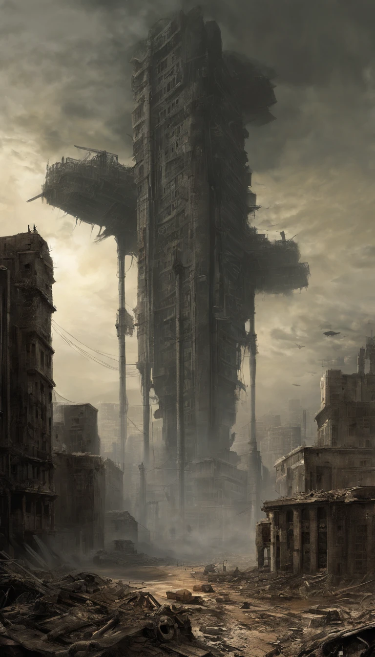 Create dystopian masterpieces，Destroyed futuristic cityscapes depicted in gritty gaming concept art style. The artwork should evoke a futuristic sense of desolation and despair, post apocalyptic world. Pay attention to intricate details, Focus sharp, and a highly detailed description of the ruined city.. Draw inspiration from the art styles of Wayne Barlow and Zdislav Beksiński. Deliver this image in a movie view format, Show the bleak beauty of this decaying world.