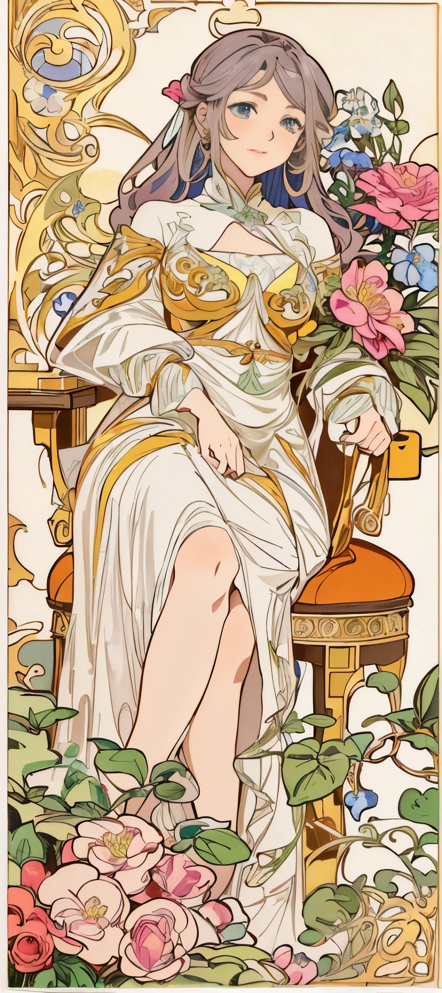 a painting of a woman sitting on a chair with flowers, anime art nouveau, alphonse mucha and rossdraws, alphonse mucha style, korean art nouveau anime, flat shading mucha, in style of alphonse mucha, demura and alphonse mucha, anime art nouveau cosmic display, inspired by Alfonse Mucha, mucha style, flat cel shading mucha