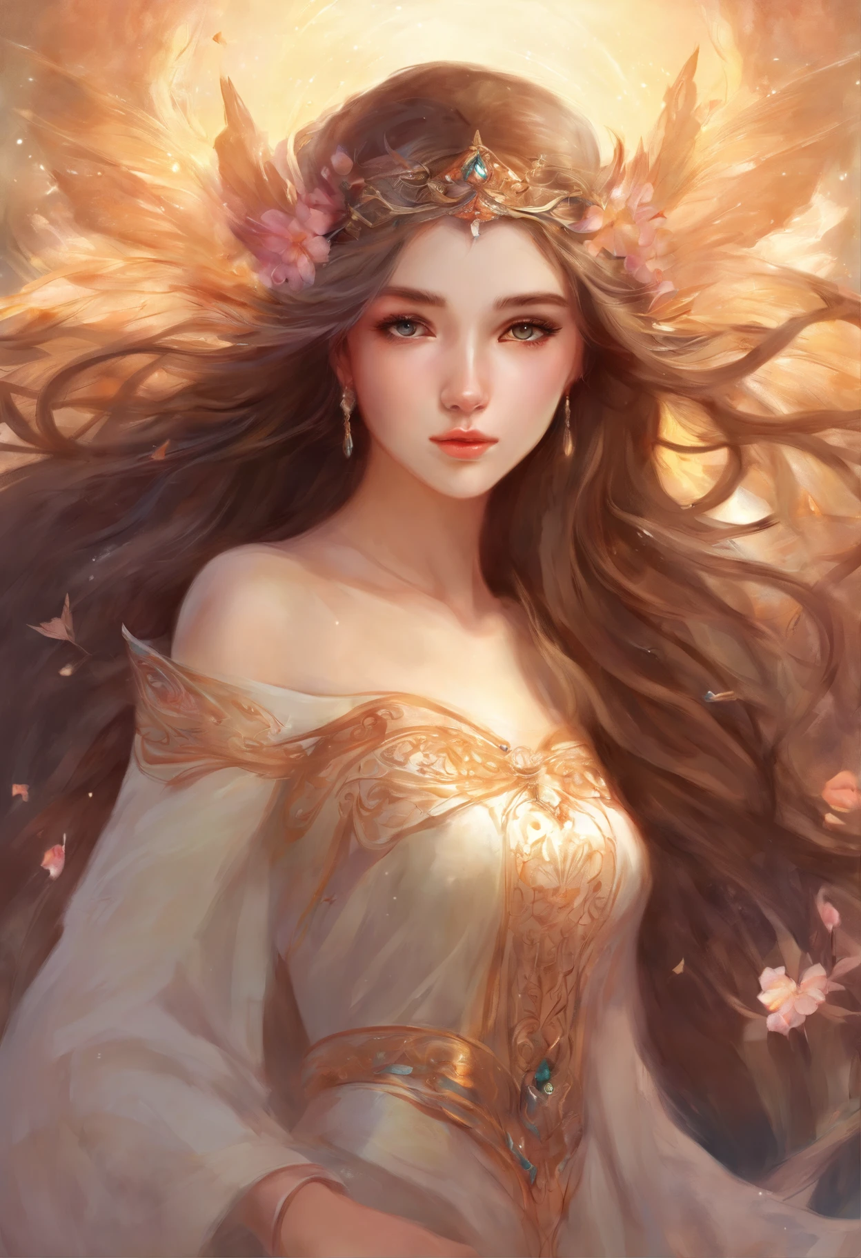 realisticlying, Gloss on lips, painting of a, actual, Best quality at best, 超高分辨率, Depth-of-fie, pastel colour, naturalshadow, Focus on the face, Just look at the face, looking at viewert, long whitr hair, hair adornments, brunette color hair, brown and detailed eyes, a skirt