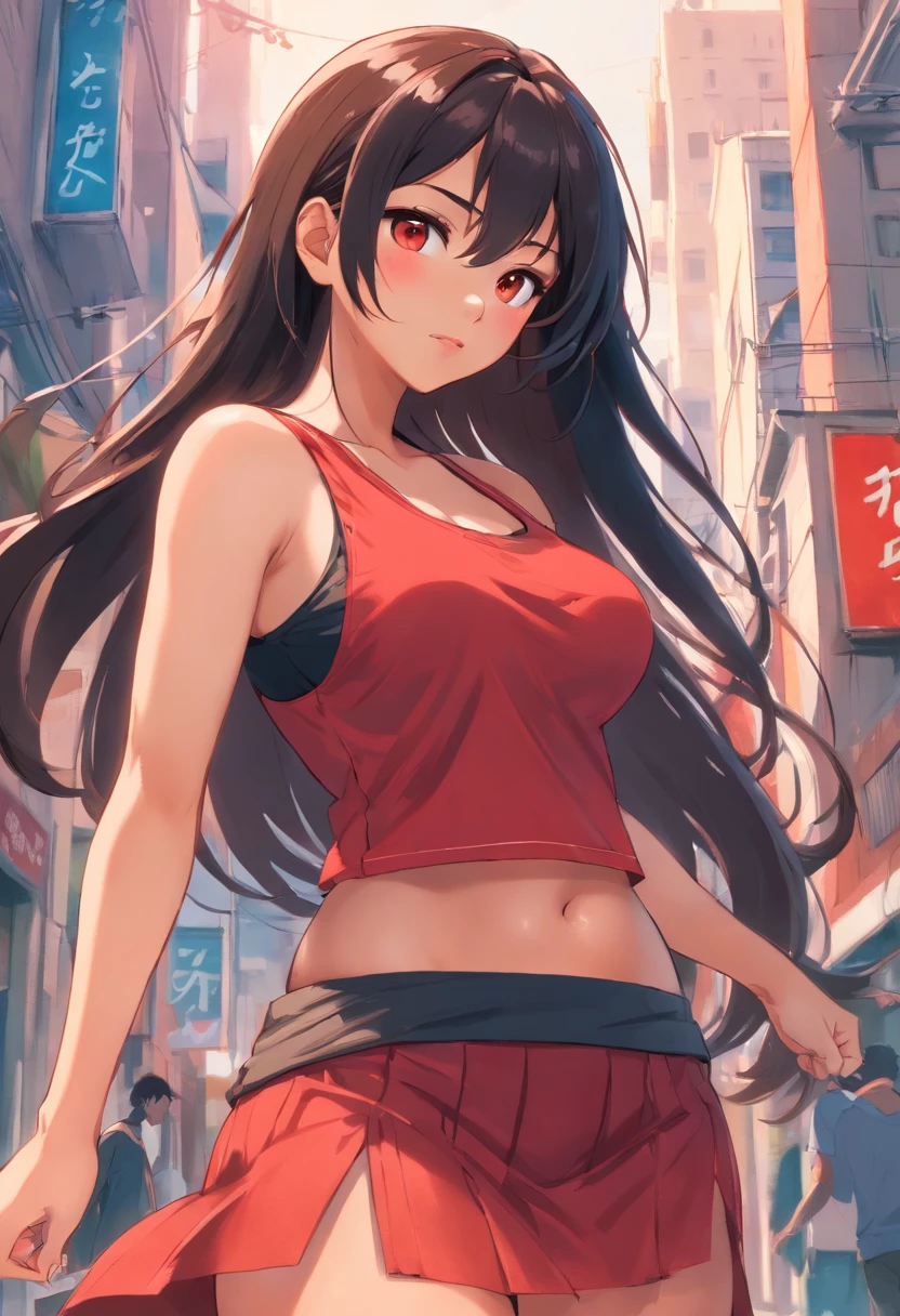 Voluptuous, curvy Mexican woman with long black hair and messy bangs, brown skin, brown eyes, full red lips. Wearing a red tank top, and a black skirt. Heavier and curvy woman. Heavy breasts, heavy hips.