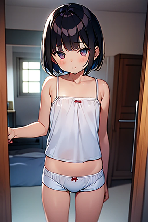 １0  girl、A dark-haired、short-cut、bashfulness、Wearing white underwear、Camisole、Cotton shorts、Bite、Standing、low angles、in a house、(diaper):1.5