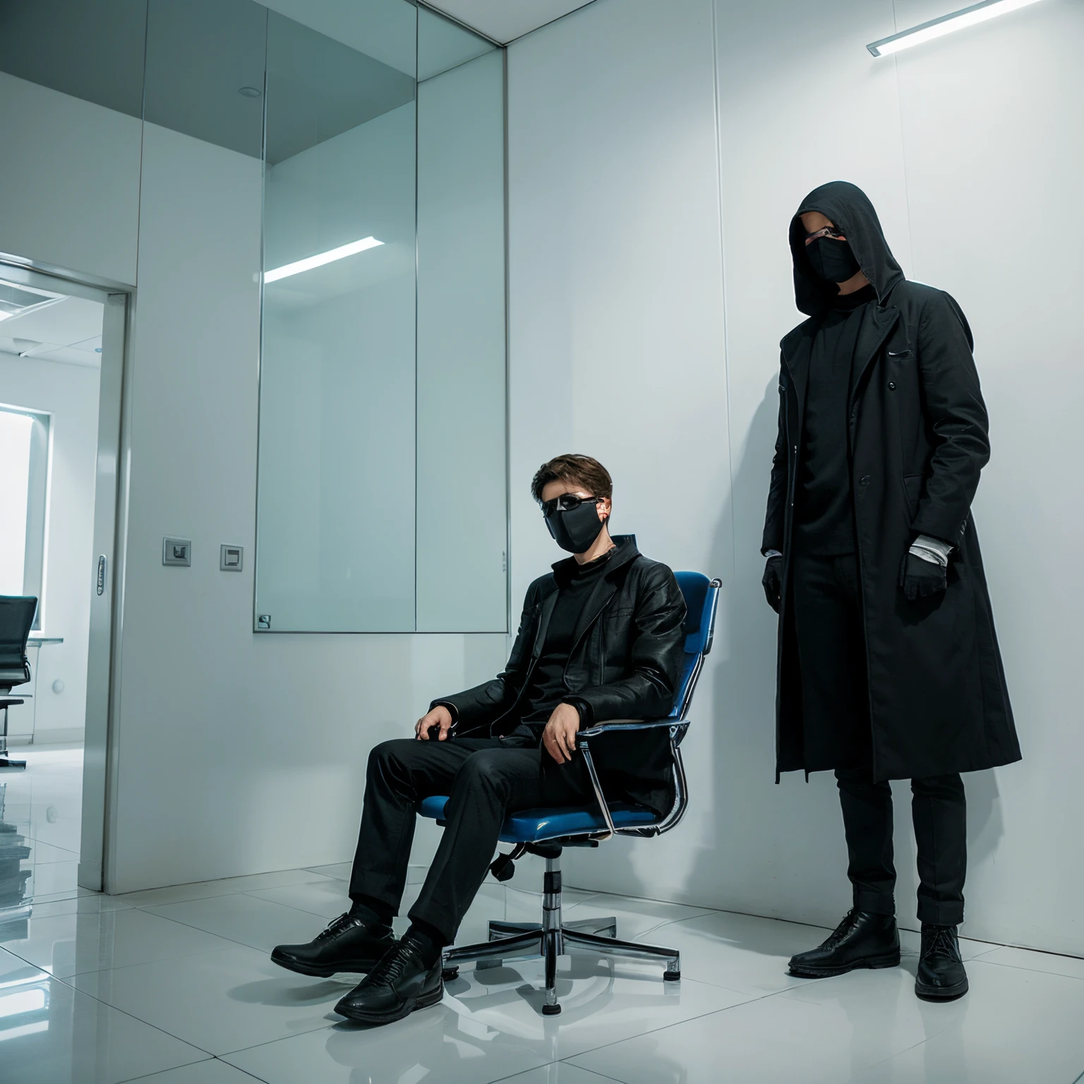 Special chair in big space, science-fiction, and blue white wall, glass window, seeling high, science fiction ground center chair, sci-fi chair , advance and sifi, black and long coat Hacker on chair, face masked, smart boy