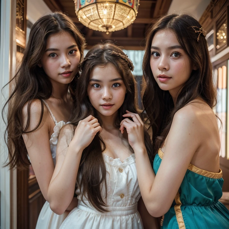 (best quality,highres), 5 thai girls in same photo ,woman with long hair, young, ta style, vibrant colors, brown hair and blue eyes, porcelain skin, expressive eyes, playful smile, alluring charm, vintage fashion, dreamy atmosphere, soft lighting, intricate details, random sexy pose