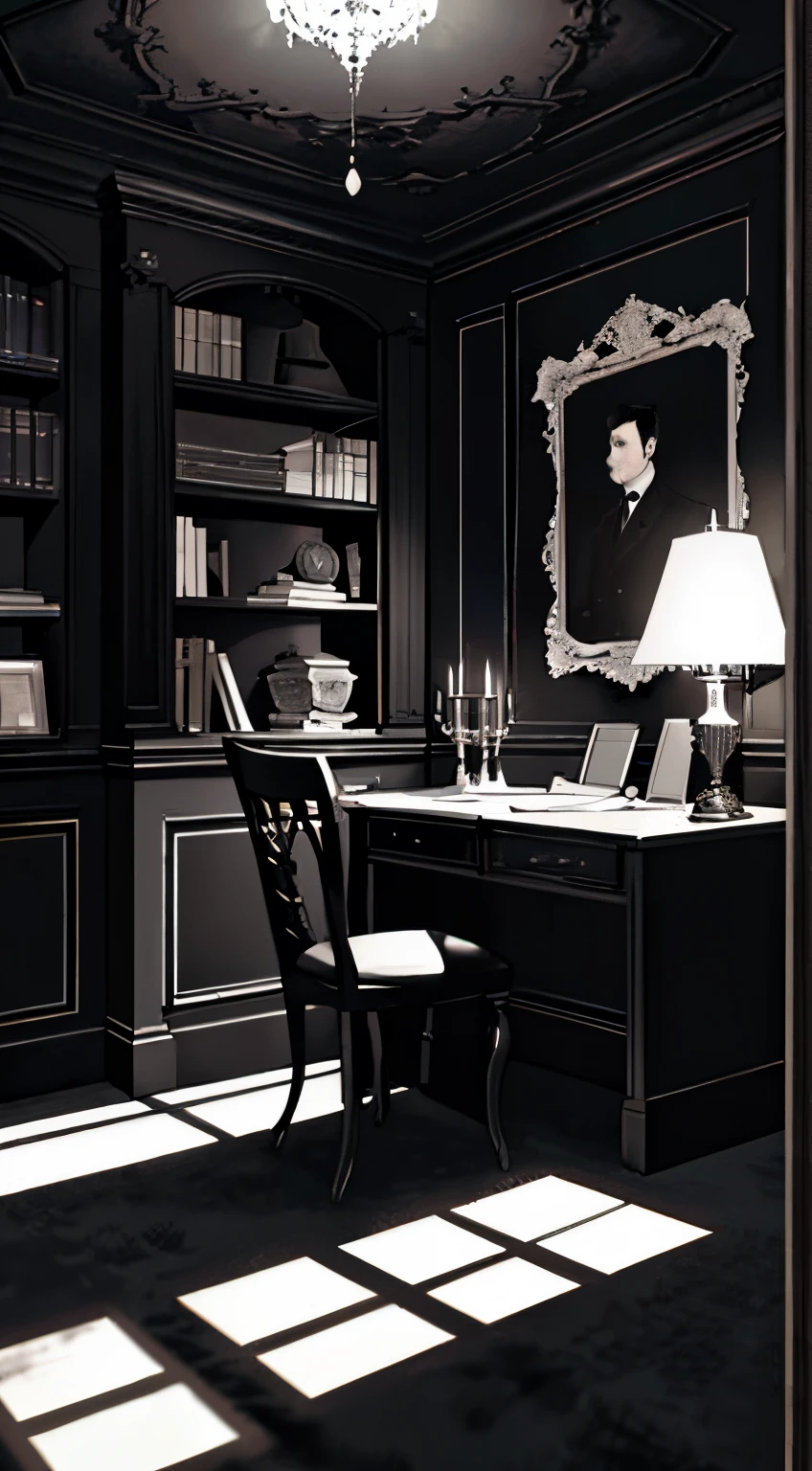 there is a desk with a chair in the room, dark classic interior with bookshelf walls and books filling those bookshelves, black furniture, elegant study, heavy vignette!, harmony black room, warmly lit posh study, room of a dark mansion, dark interior, pitch black room, black color scheme, dark vignette, dark deco, black lacquer, gothic mansion room, black walls