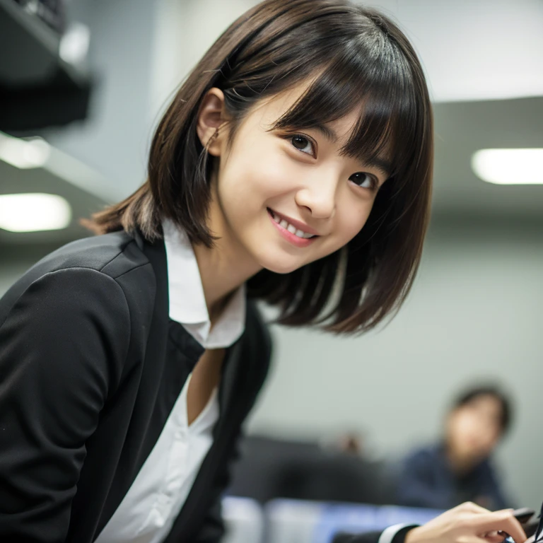 (Full body:1) girl's, smart casual, Hacker's Server Room, Detailed face, ((cool expression)), (Straight Short Thin Fringe Hair:1.2), ultra detailed photographic, (Photorealistic), (Intricate details:1),(masutepiece :1), (Best Quality:1), 超A high resolution, (Detailed eyes), (detailed facial features), nffsw, 8K resolution, (Lens Flare:0.5), Light from far behind, (Smile, Joy)
