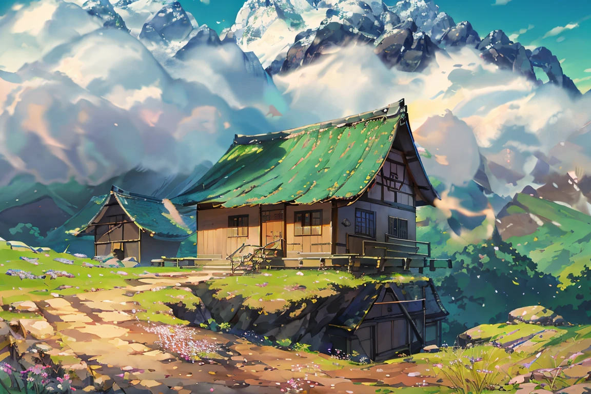 springtime, waterfall, wood, a meadow, rock formations, (illustrations : 1.0), Epic composition, photorealistic lighting, HD detail, ​masterpiece, Best quality at best, (Highly detailed CG integrated 8k wallpaper) Scenery of a traditional Hanok village overlooking the bottom of the mountain, bumps and roof, summer