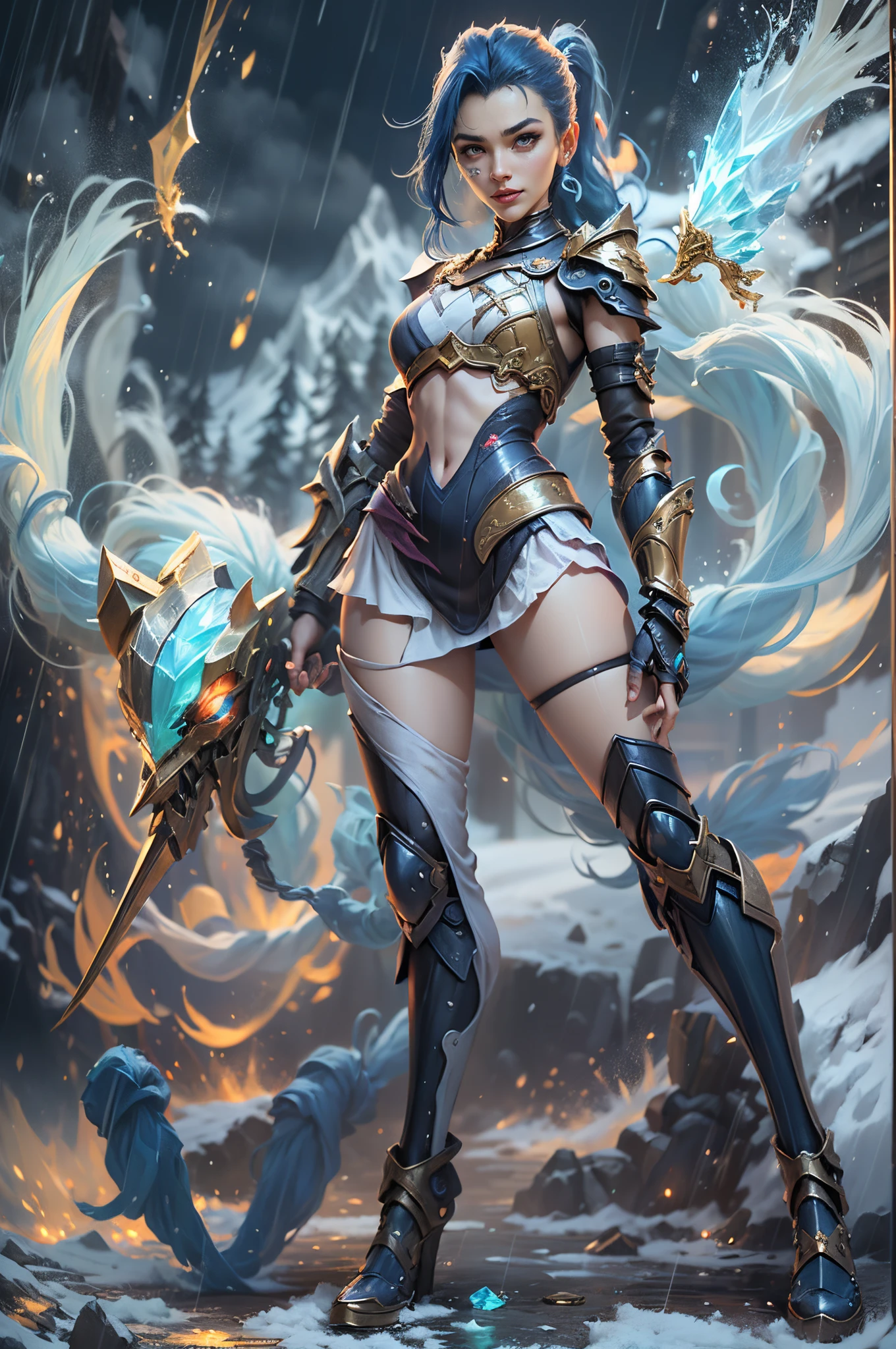 8k, complex, elegant, highly detailed, majestic, digital photography, denim lens, surrealist painting, broken glass, beating magic, winding lightning magic, (masterpiece, side light, fine beautiful eyes: 1.2), HDR, Void 5 energy lightning storm, (Chinese girl, black eyes: 1.5), pale skin, glowing skin, ( Sitting on a stone: 1.5), delicate face, black hair, wearing palatial blue armor, bare shoulders, navel, short skirt, fine blue armor, raining, beautiful, looking at the audience, facing the camera, masterpiece, full body,