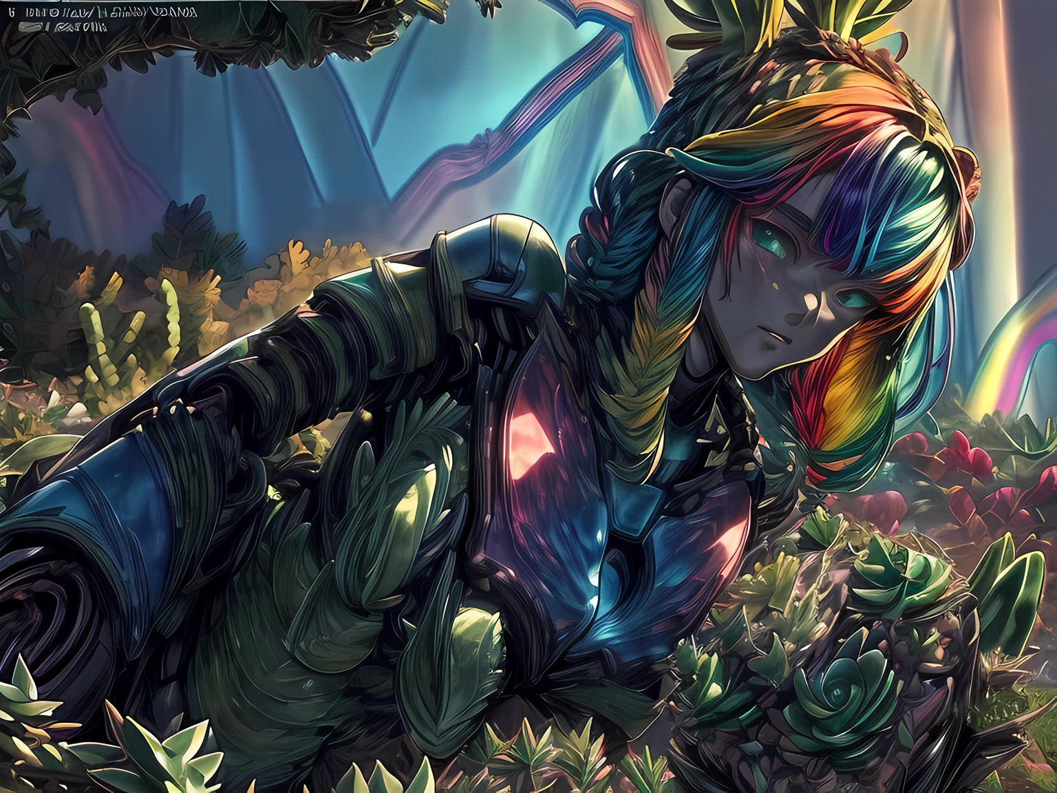 a picture of a mecha woman resting in a rainbow colored succulents meadow, full body, an exquisite beautiful (ultra detailed, Masterpiece, best quality: 1.4) female mecha woman, dynamic angle (best detailed, Masterpiece, best quality), best detailed face (best detailed, Masterpiece, best quality: 1.5), ultra feminine (best detailed, Masterpiece, best quality), red hair, long hair, braided hair, dynamic eyes color, (wearing mecha armor: 1.4), resting in (rainbow colored succulents meadow: 1.6), full colored, (perfect spectrum: 1.3),( vibrant work: 1.4) vibrant shades of red, orange, yellow, green, blue, indigo, violet  day light, sun rising,  high details, fantasy art, RPG art best quality, 16k, [ultra detailed], masterpiece, best quality, (ultra detailed), full body, ultra wide shot, photorealistic, mecha musume