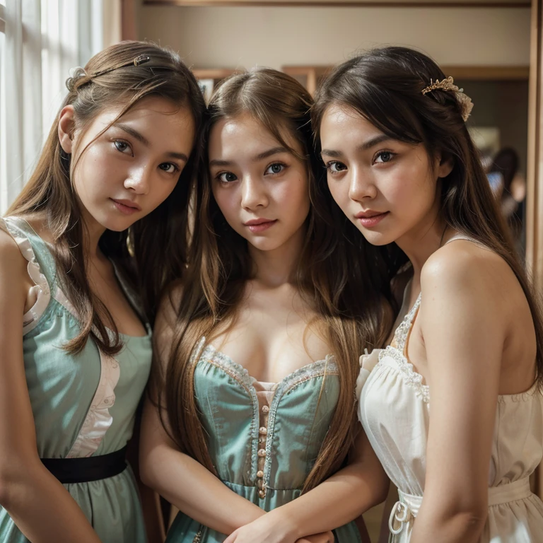 (best quality,highres), 3 thai girls in same photo ,woman with long hair, young, ta style, vibrant colors, blond hair and black eyes, porcelain skin, expressive eyes, playful smile, alluring charm, vintage fashion, dreamy atmosphere, soft lighting, intricate details, random sexy pose