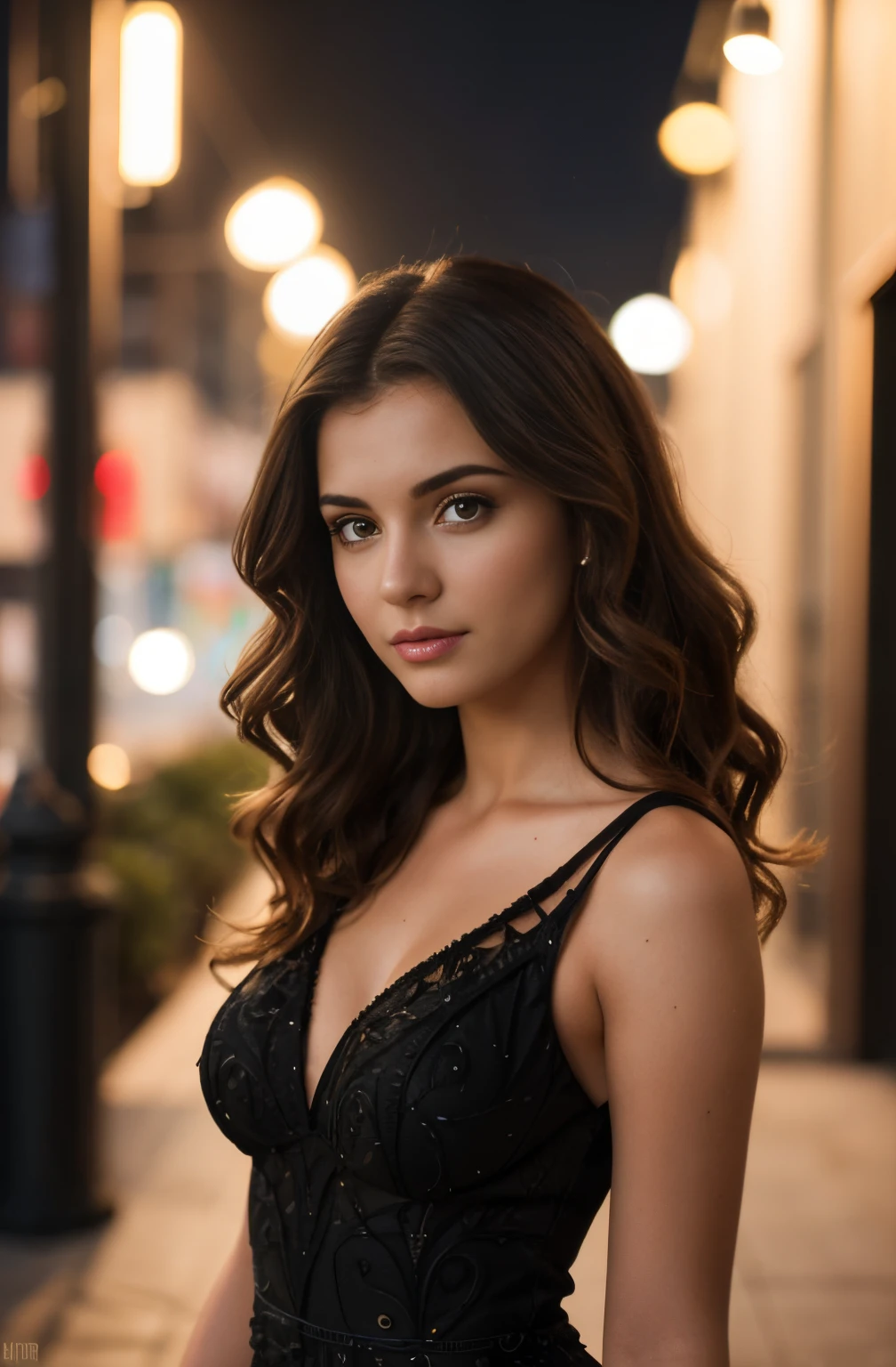(Masterpiece), (extremely intricate:1.3),, (Realstic), Portrait of a 25-year-old girl, brunette wavy hair, Outdoor night light, professional photograph of a stunning woman detailed, award winning, lighting cinematic, volumetrics dtx, (grain du film, Bokeh, premier plan flou, blured background), black dress, flirts with the camera, (((pale skin))), extremely detailed skin