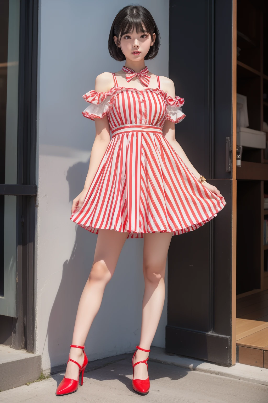 Female Idol、full body Esbian、minidress(red and white vertical stripes)、、black hair short cut、fairytale、Red shoes