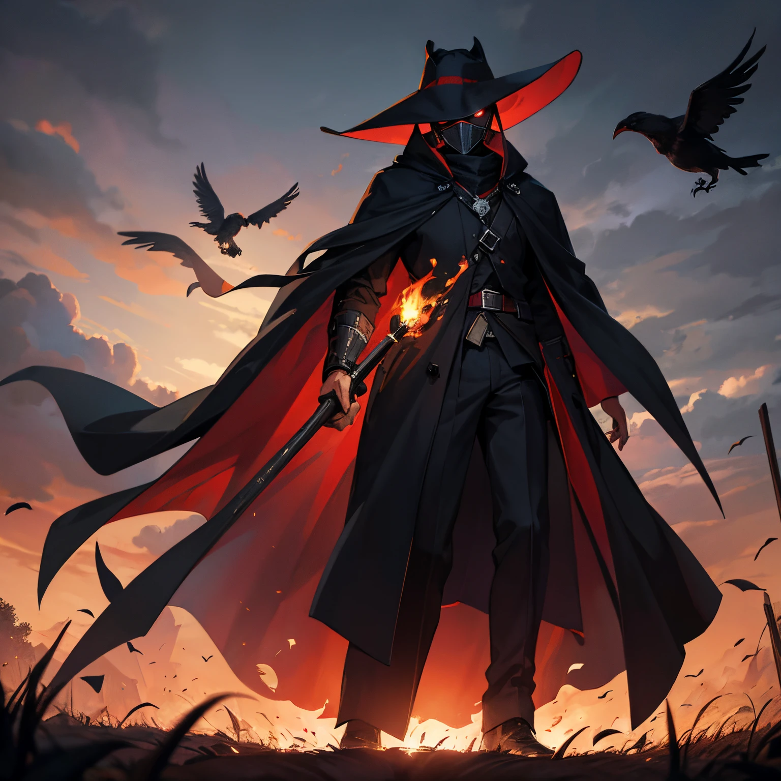 Masterpiece, best quality, walking out of burning wheat field, plague doctor mask, long dark coat swaying in the wind, smoke rising from fire in the backround, coat buttoned up, holding ball of fire in one hand, dark and cloudy sky, moon shing through the dark clouds, dark red aura surrounding figure, flames around their feet, ?????? of crows flying around the figure, sword holster on the figures belt,
